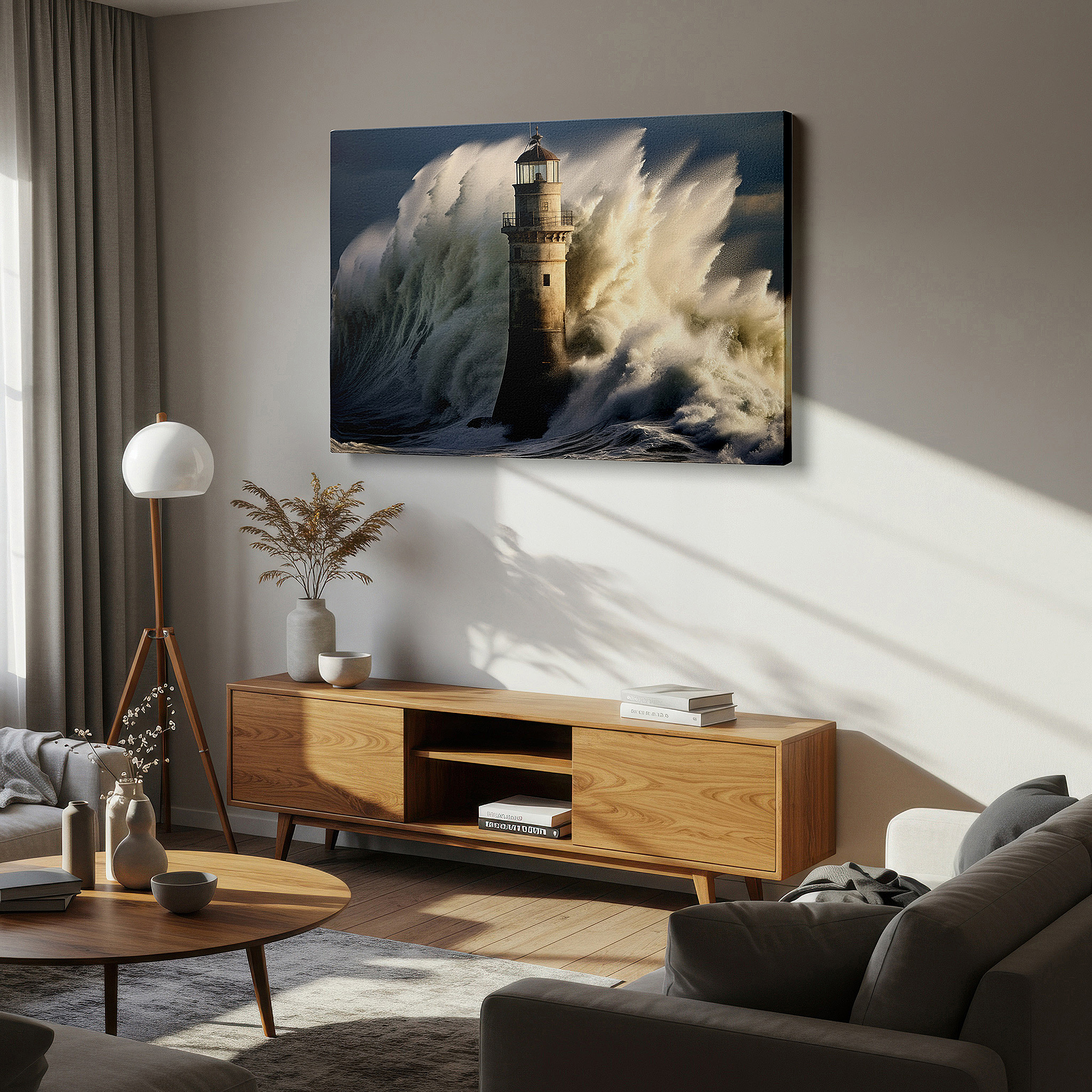 Mounted in a loft-style interior with exposed brick walls — lighthouse amidst stormy seas wall art: a symbol of resilience and guidance - large canvas art for office and bedroom decor