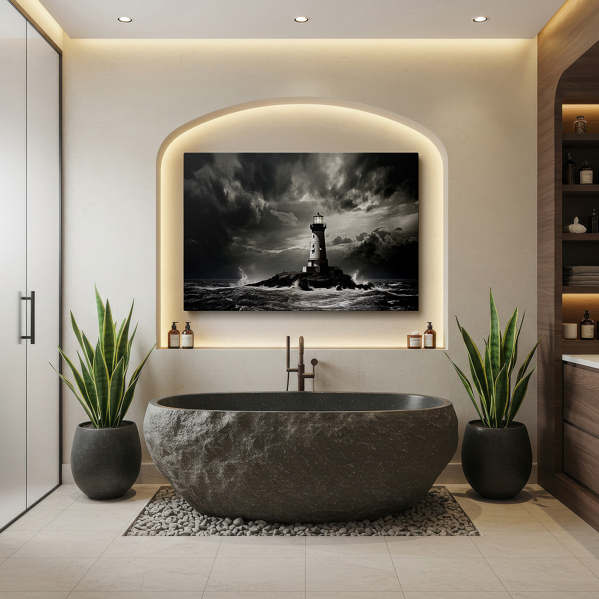 Mounted in a loft-style interior with exposed brick walls — lighthouse: a beacon of strength amidst stormy seas - resilient large wall art, canvas wall decor for offices