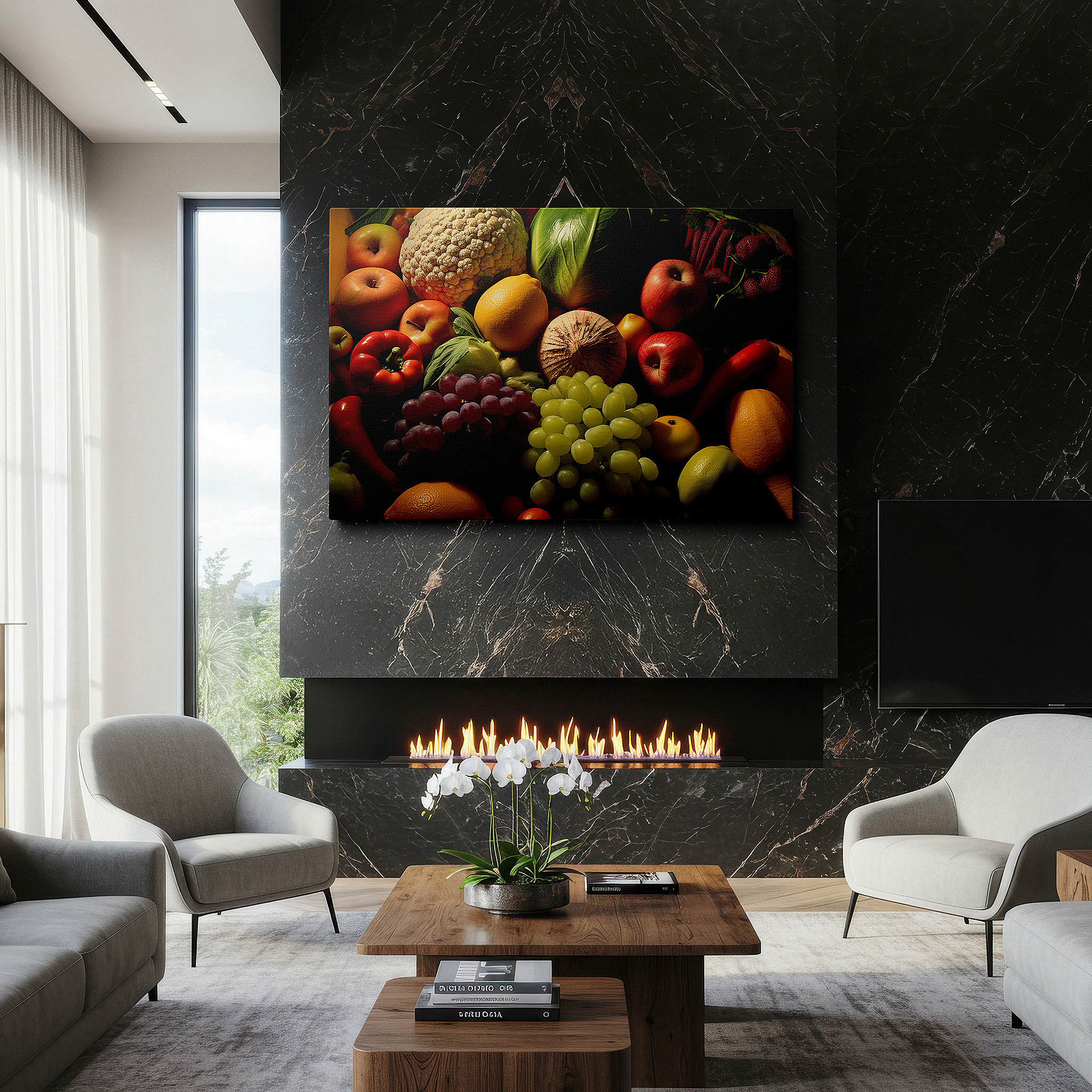 Mounted in a loft-style interior with exposed brick walls — a lively celebration of nature's riches featuring fresh apples, succulent grapes, and bright peppers - large wall art, canvas wall art, wall decor for office