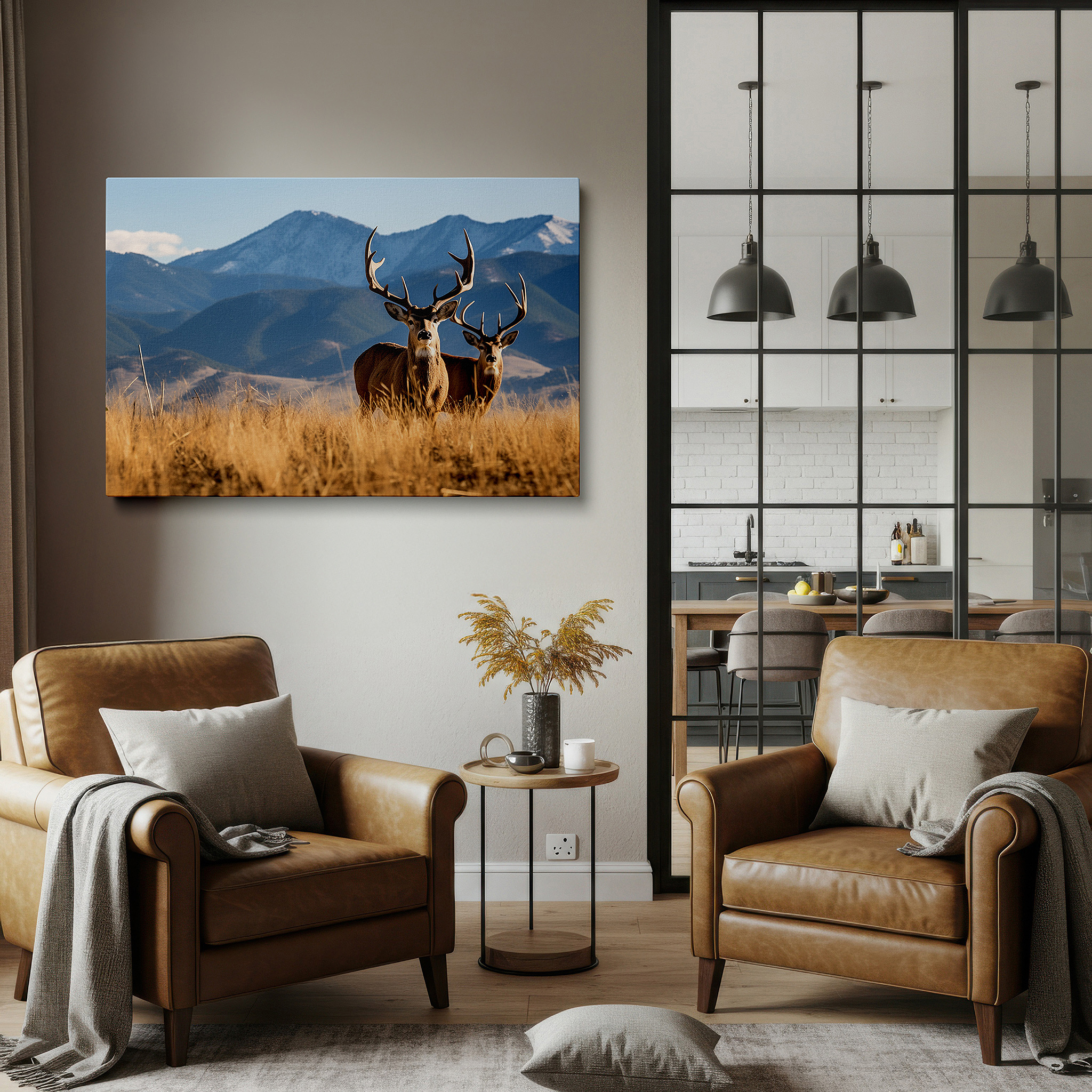 Mounted in a loft-style interior with exposed brick walls — majestic deer in a golden meadow with snow-capped mountains large canvas wall art for office and bedroom decor