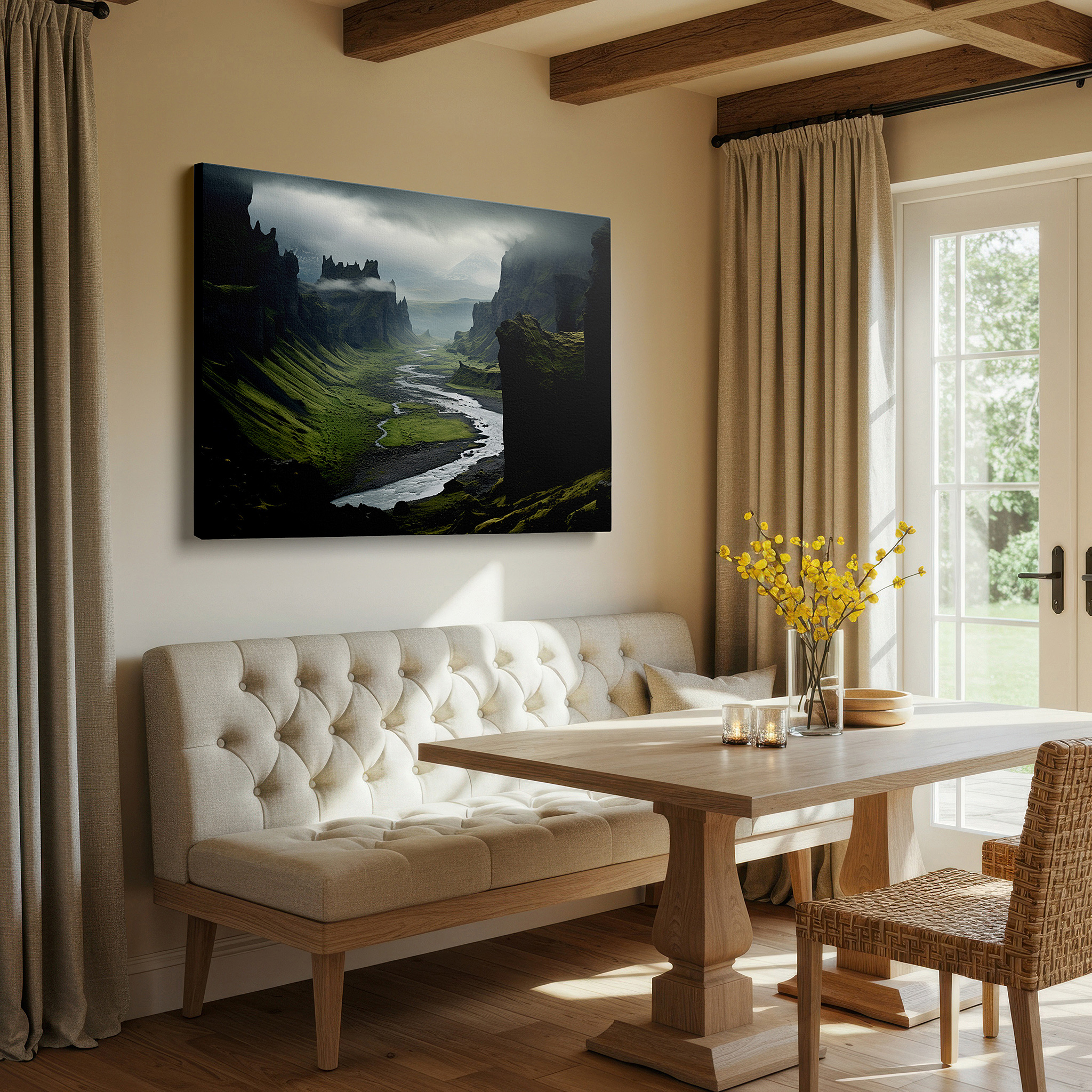 Mounted in a loft-style interior with exposed brick walls — majestic valley featuring a meandering river and soaring cliffs beneath overcast skies - large canvas wall art for home and office decor, perfect for living room and bedroom