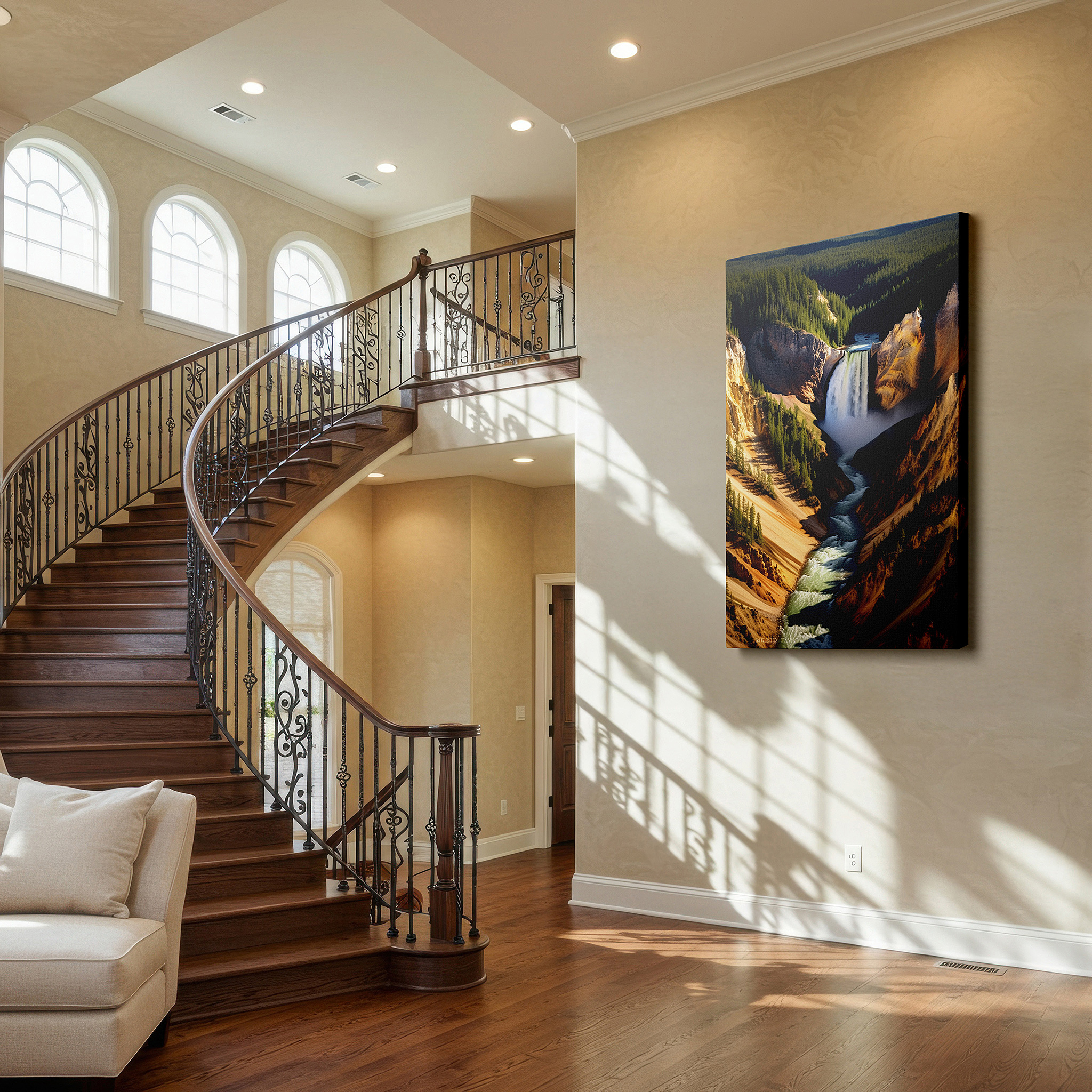 Mounted in a loft-style interior with exposed brick walls — majestic waterfall and rugged canyon wall art - celebrating the power and beauty of nature, perfect for office and bedroom decor, available as large canvas