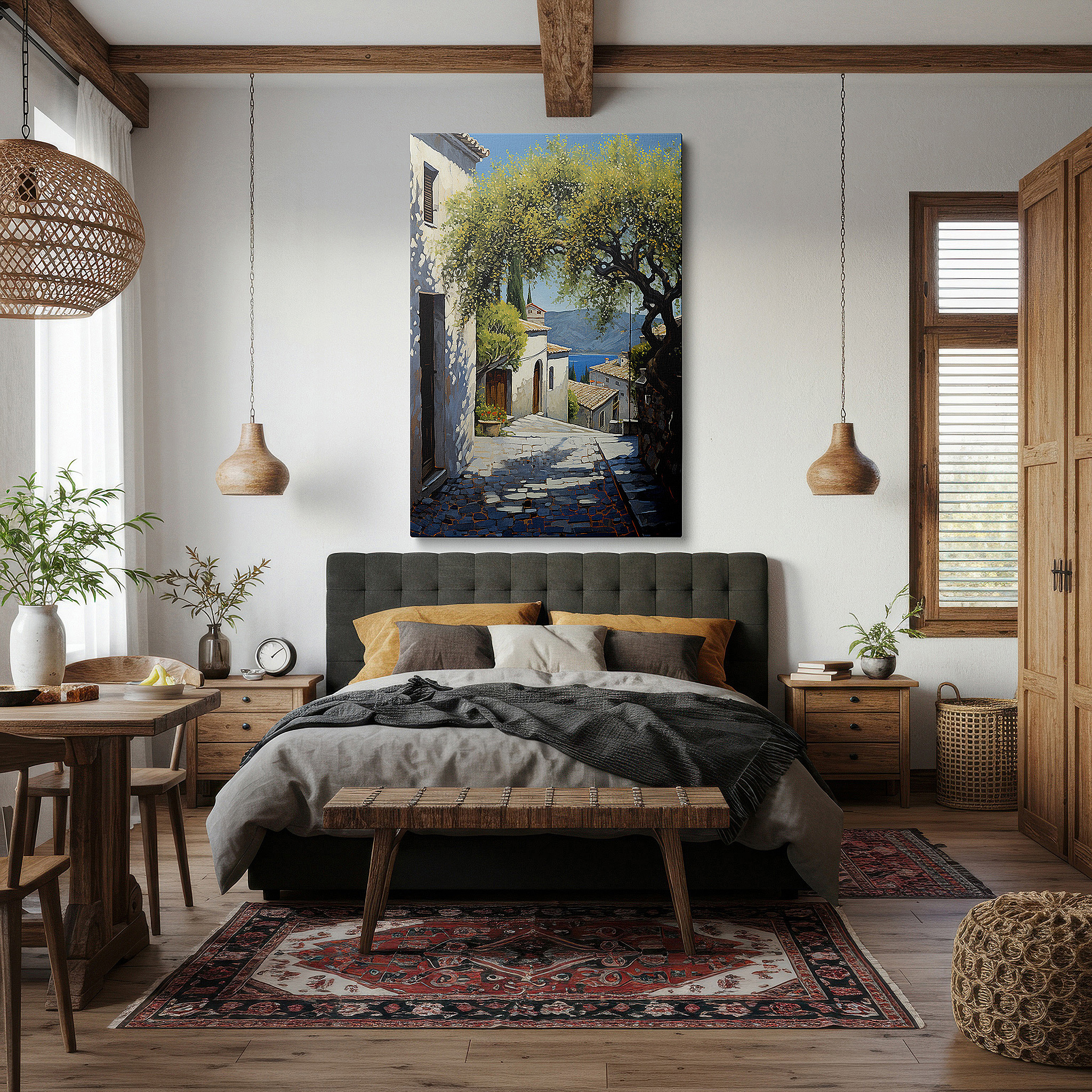 Mounted in a loft-style interior with exposed brick walls — mediterranean coastal escape wall art: sunlit, rustic charm with serene views - large canvas for office and bedroom decor