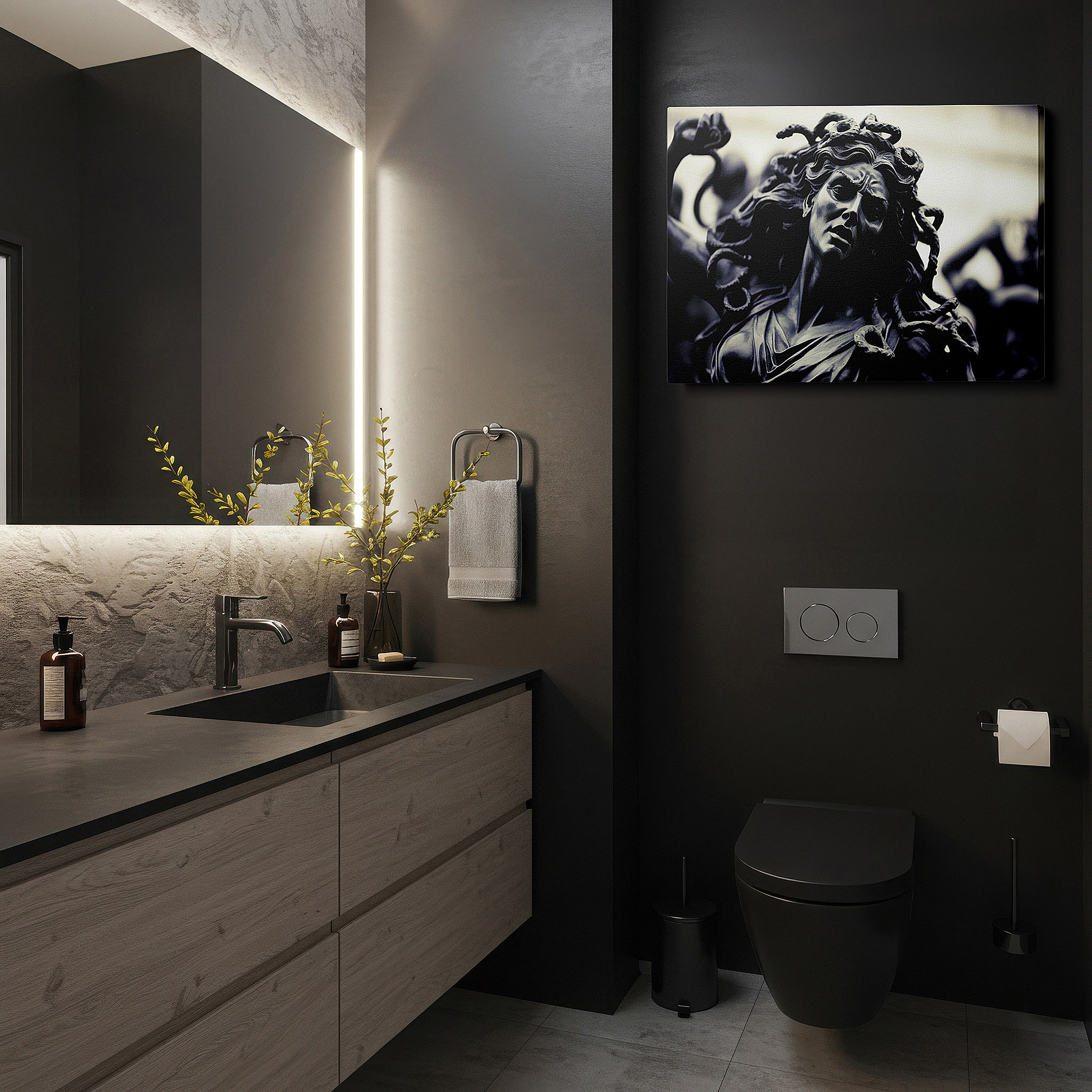 Mounted in a loft-style interior with exposed brick walls — medusa's tragic beauty wall art: a fusion of mythological splendor and emotional intensity - ideal for office, bedroom, and home decor