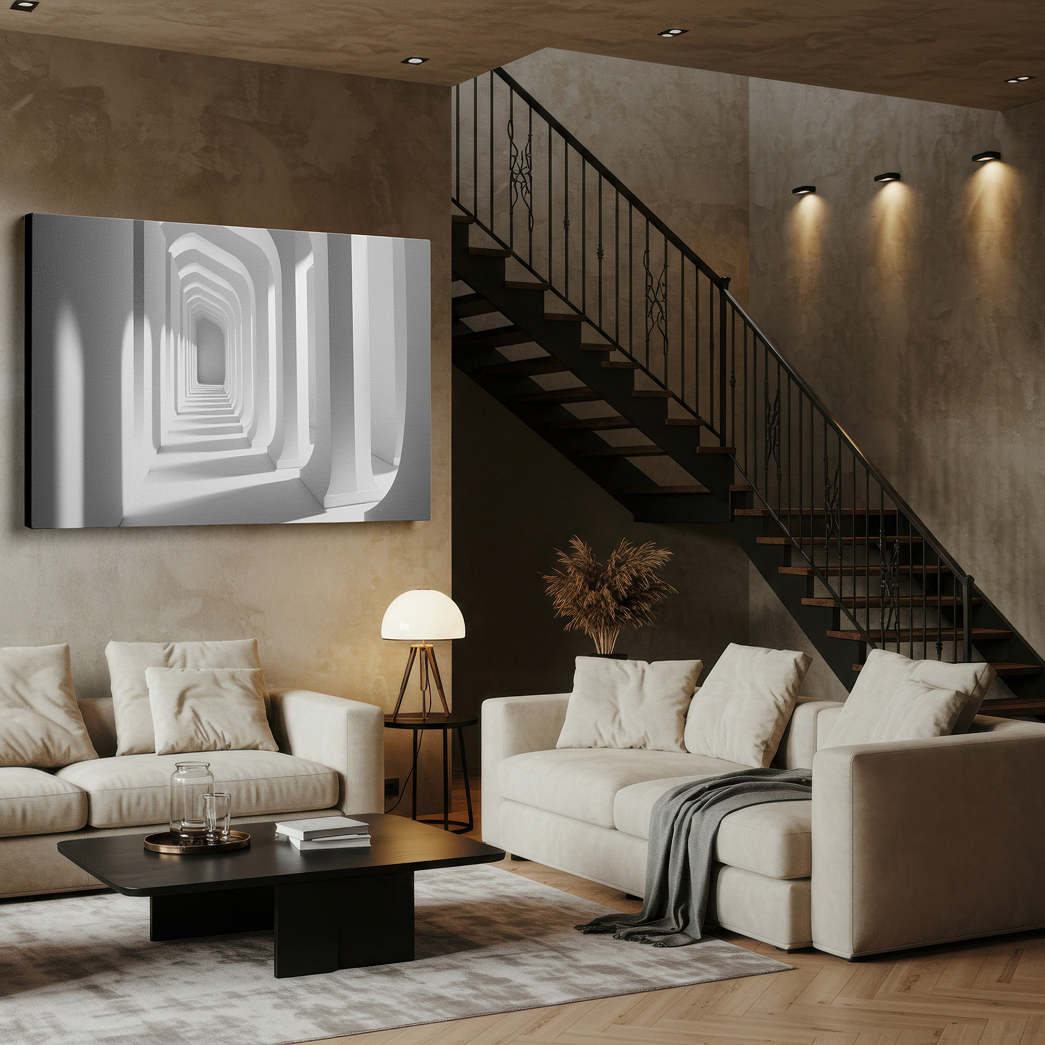 Mounted in a loft-style interior with exposed brick walls — minimalist architectural corridor: a serene modern design statement in light and shadow - large canvas wall art for office decor