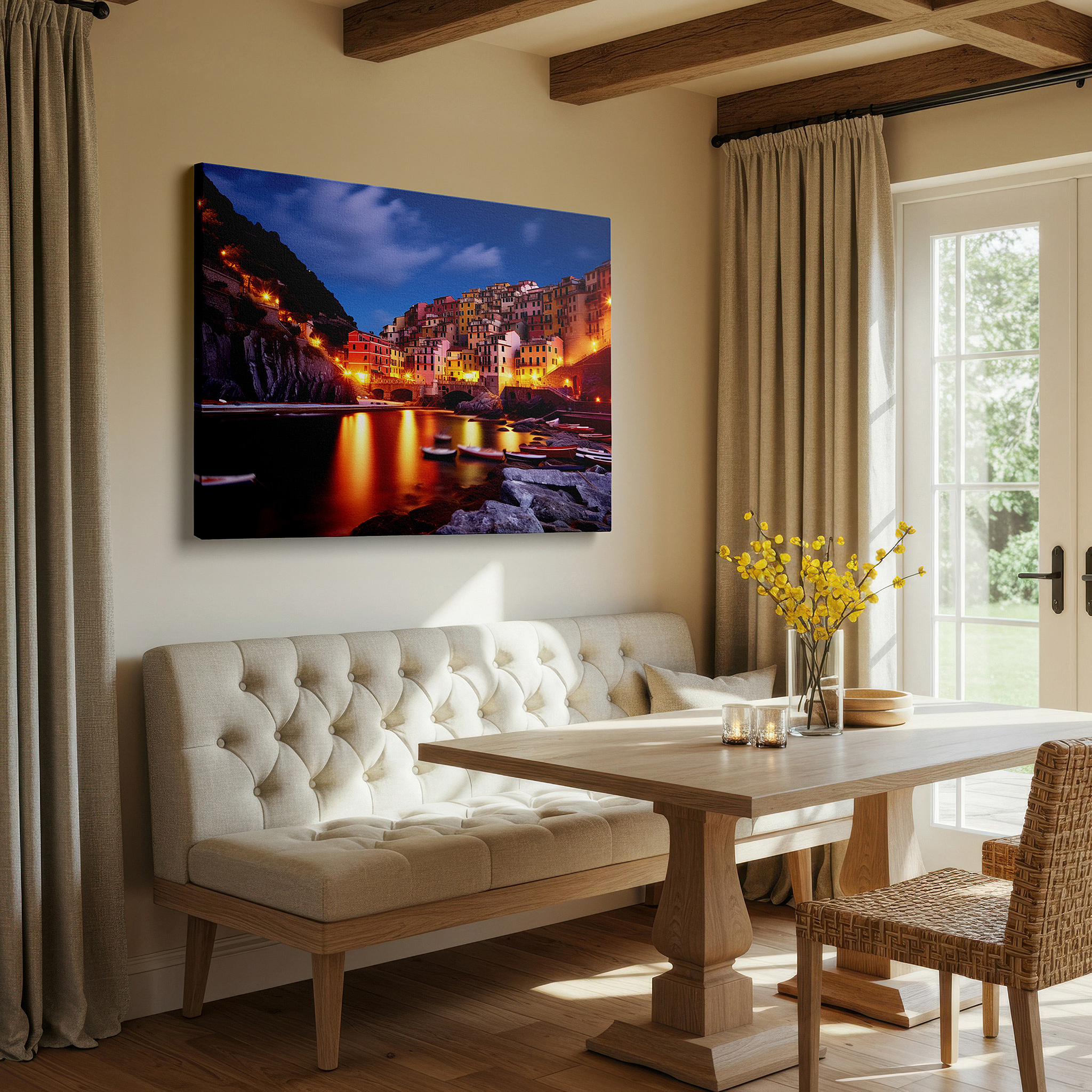 Mounted in a loft-style interior with exposed brick walls — moonlit coastal village - large canvas wall art depicting a serene and quaint village with warm radiance, perfect for office or bedroom decor