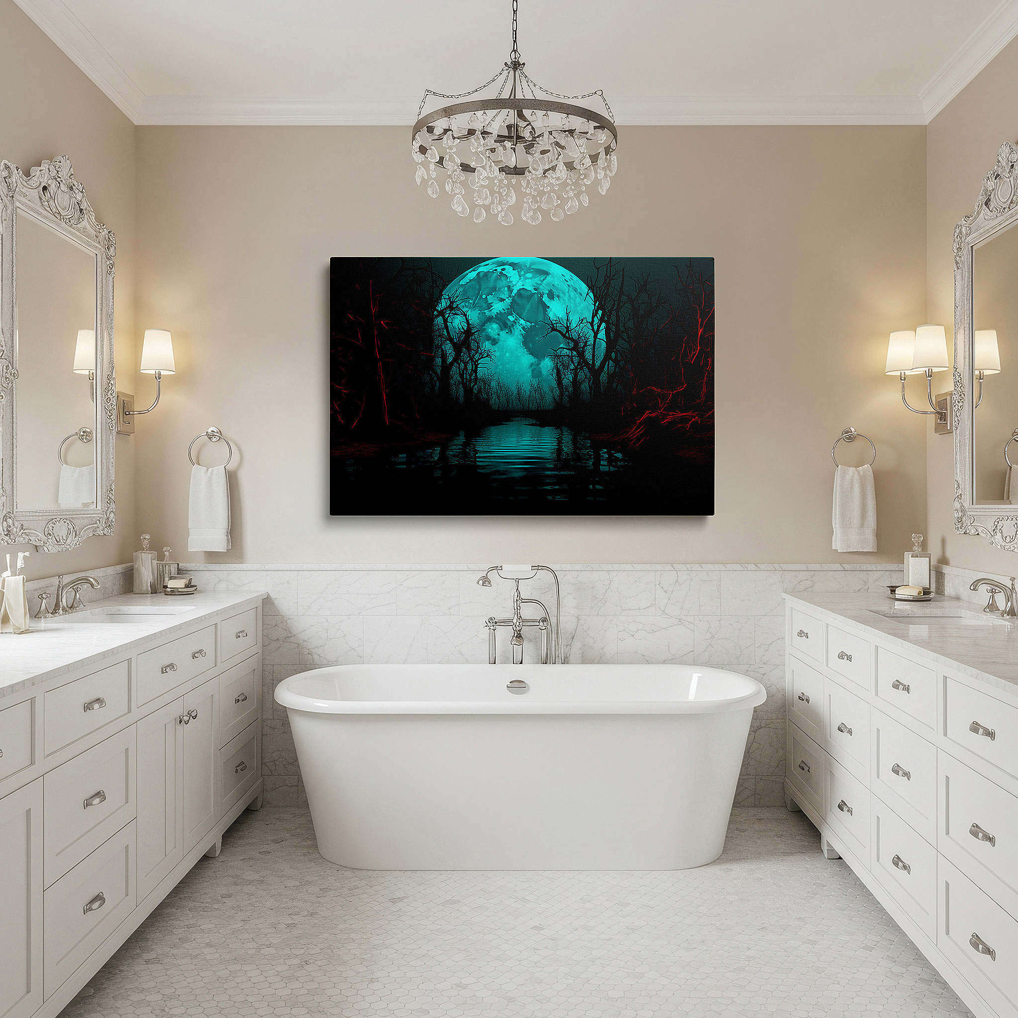 Mounted in a loft-style interior with exposed brick walls — mystical blue moonlight over dark forest wall art: ethereal gateway large canvas, ideal for office and bedroom decor
