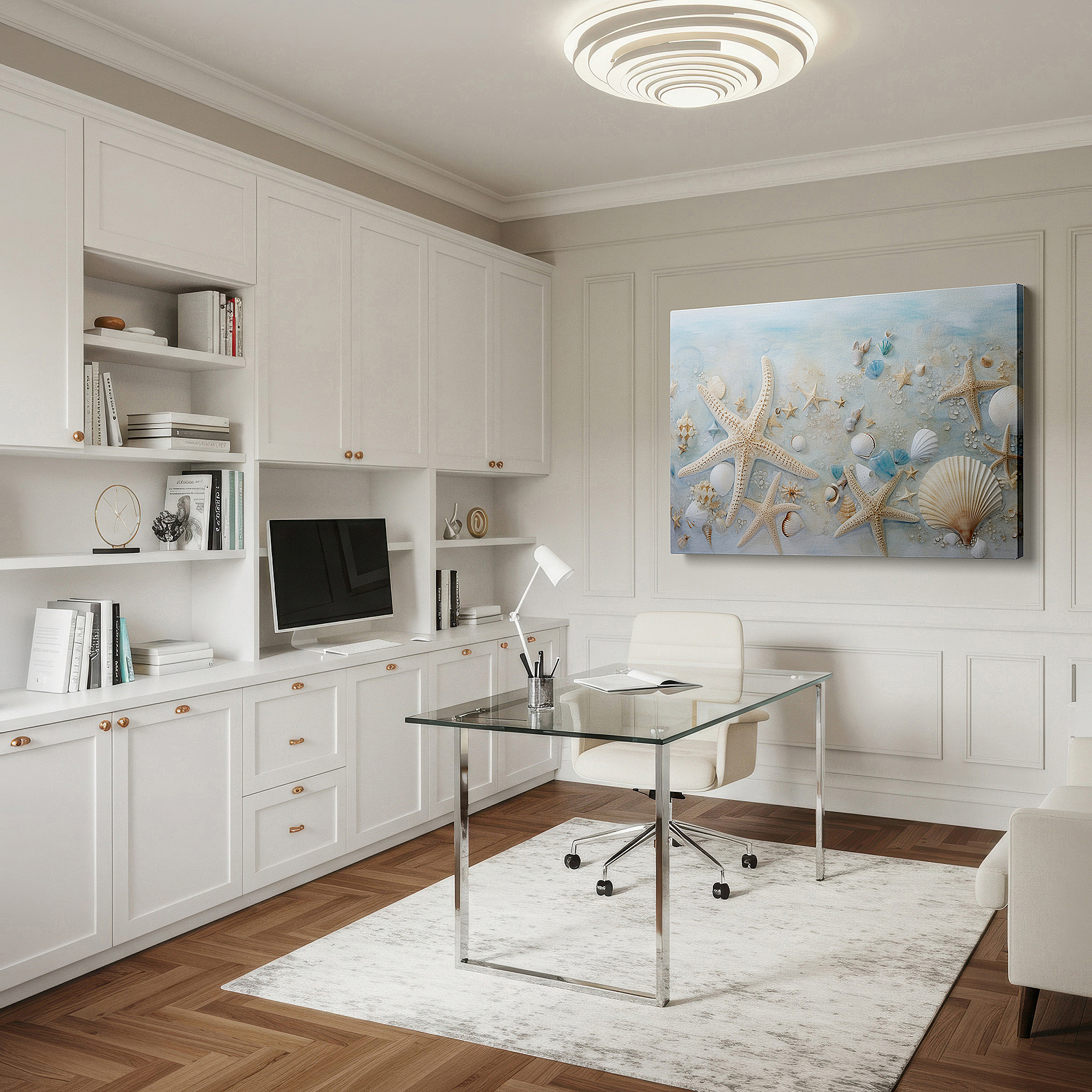Mounted in a loft-style interior with exposed brick walls — ocean tranquility wall art featuring serene waters, shells, and starfish - large canvas for home and office decor, perfect for living room and bedroom