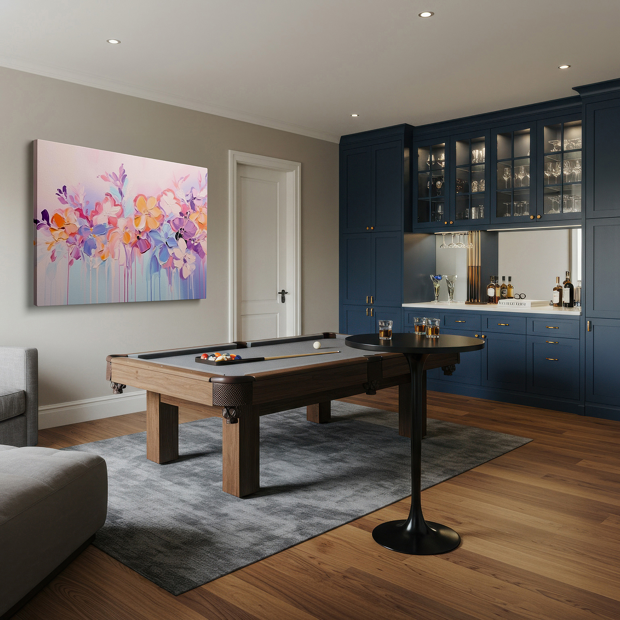 Mounted in a loft-style interior with exposed brick walls — pastel floral symphony: tranquil and dreamy large wall art for serene spaces - ideal for office and bedroom decor