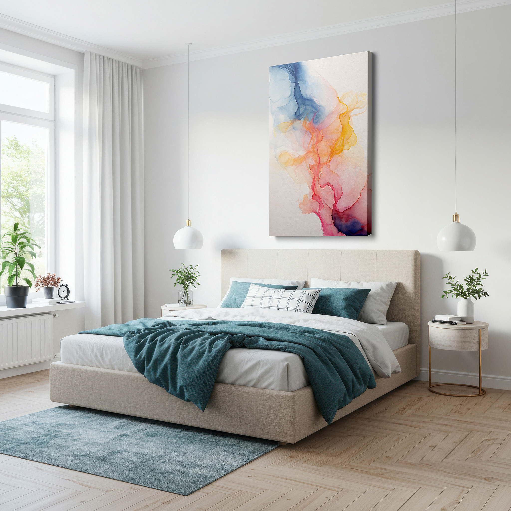 Mounted in a loft-style interior with exposed brick walls — pink and blue dance: tranquil and serene fluid art large wall art, canvas wall decor for offices and bedrooms