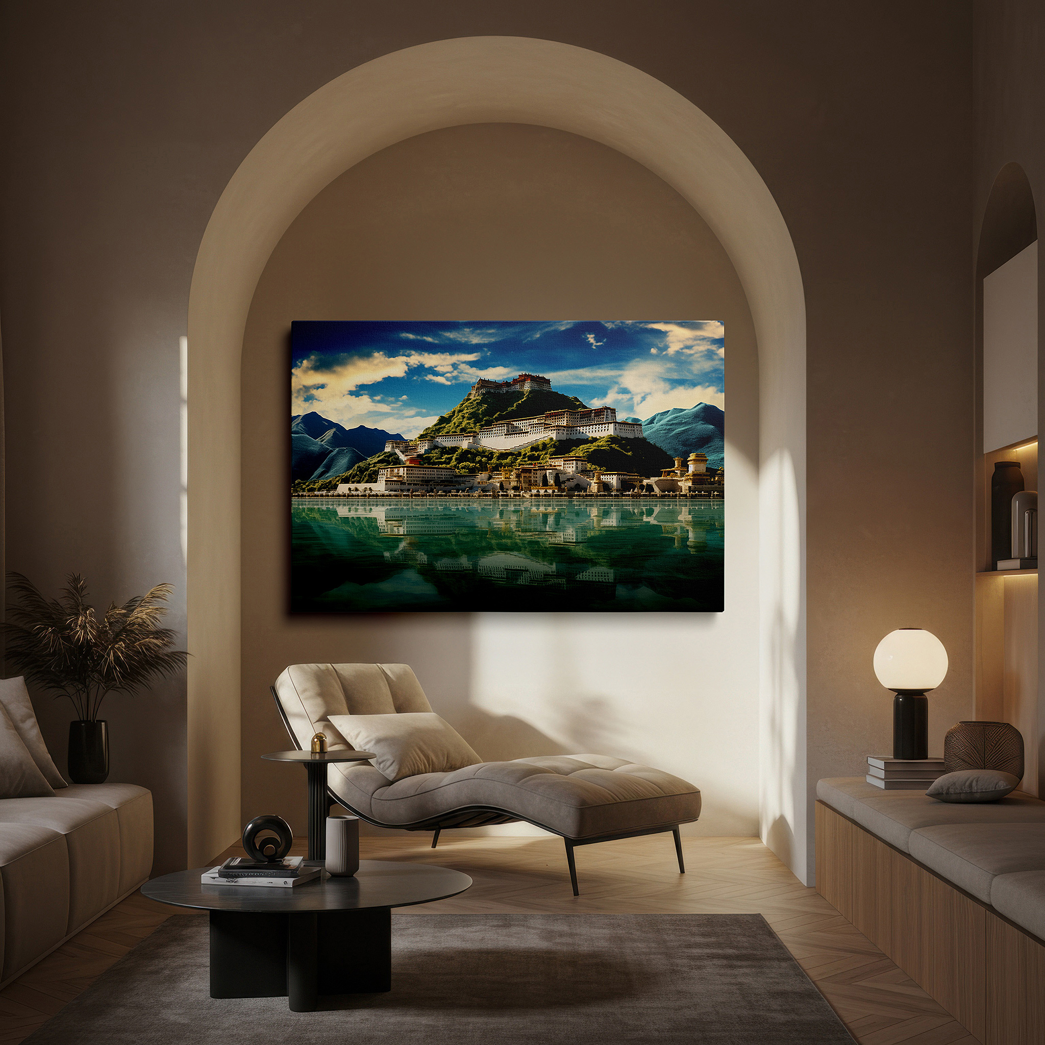 Mounted in a loft-style interior with exposed brick walls — potala palace: a majestic symbol of peace and spiritual strength, set against lush green mountains and blue skies - large canvas wall art decor