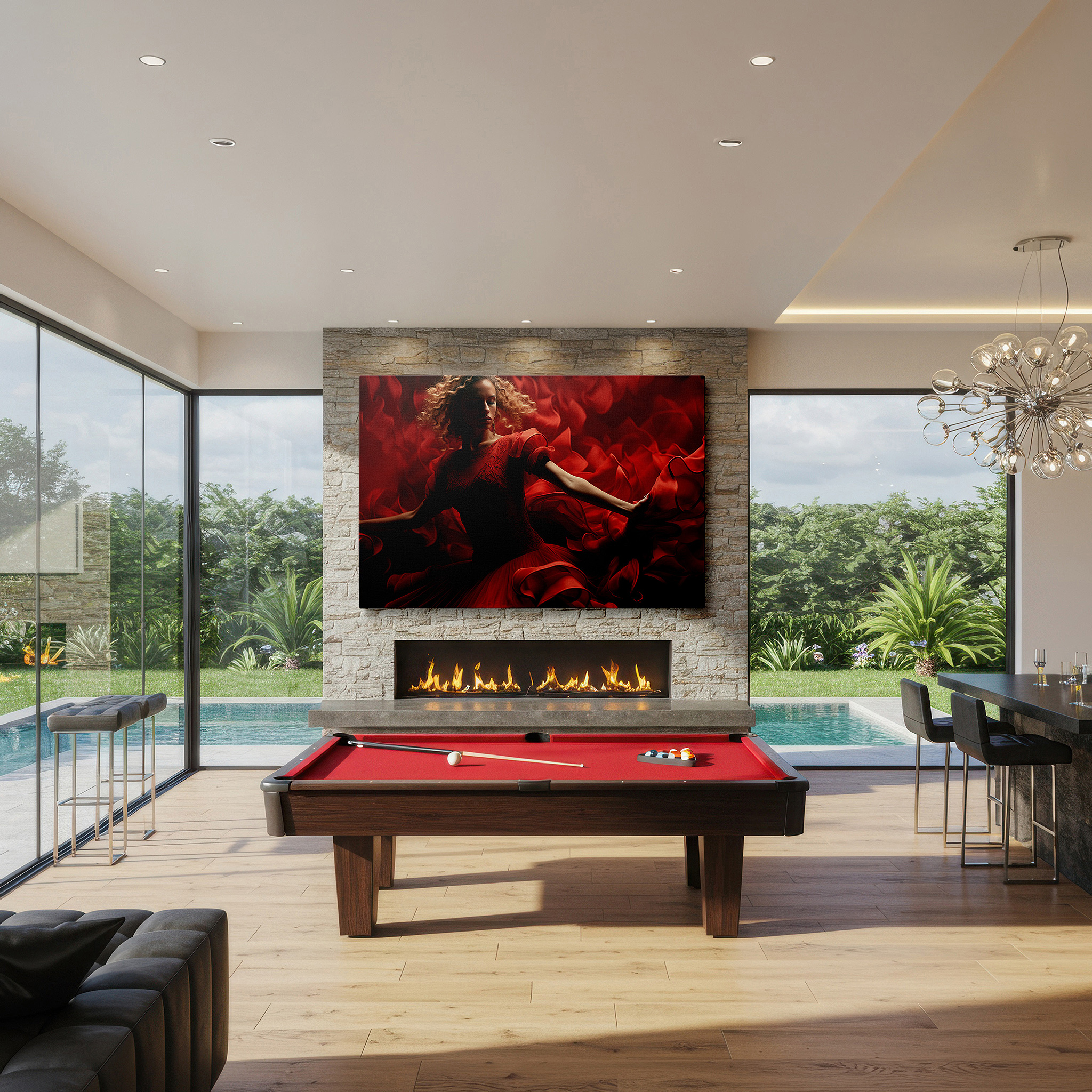 Mounted in a loft-style interior with exposed brick walls — red passionate dance - a visual symphony of movement and emotion: large wall art, canvas wall art, wall decor for office and bedroom