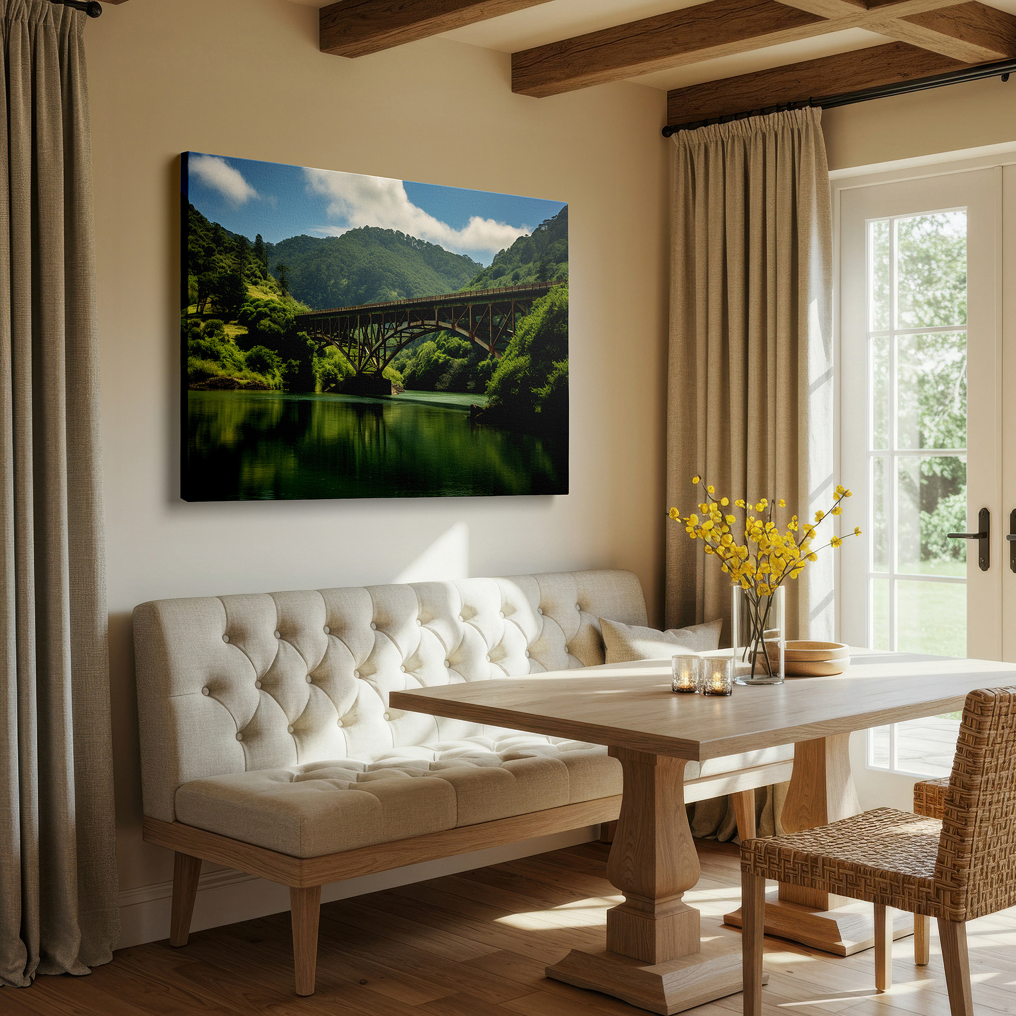 Mounted in a loft-style interior with exposed brick walls — rustic bridge and tranquil waters canvas print - large wall art for office, bedroom, and living room decor, featuring lush hills