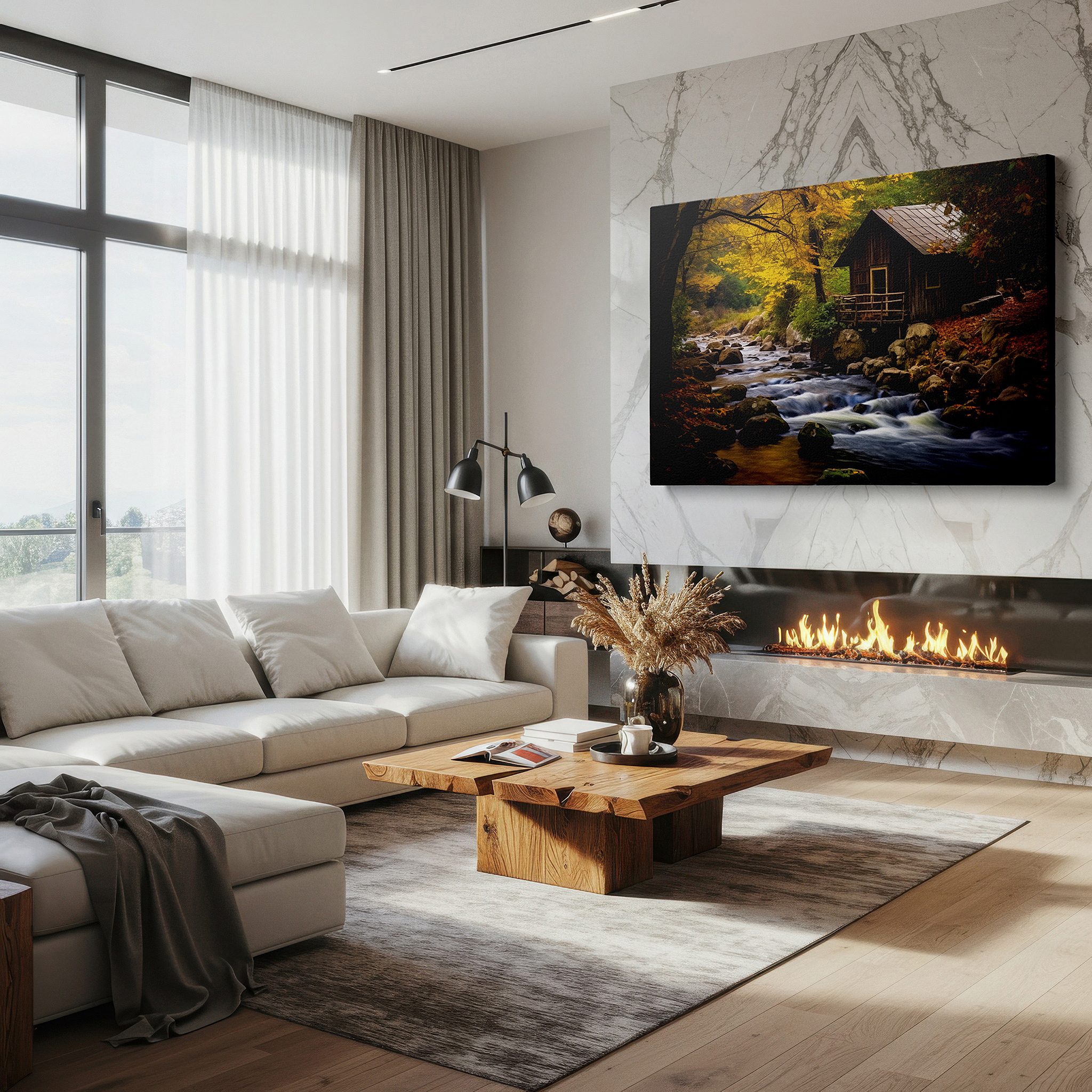 Mounted in a loft-style interior with exposed brick walls — rustic wooden house and sparkling stream autumn sanctuary large canvas wall art for office and bedroom decor