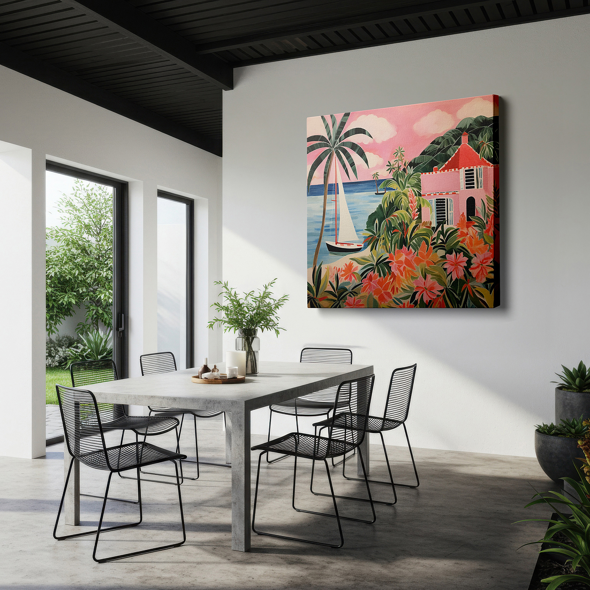 Mounted in a loft-style interior with exposed brick walls — sailboat serenity in tropical paradise - tranquil escape with lush palms and sparkling seas - large wall art, canvas wall art, wall decor for office