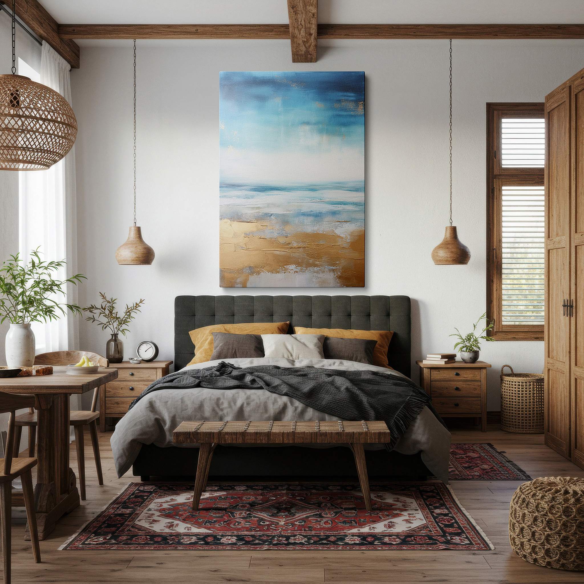 Mounted in a loft-style interior with exposed brick walls — serene beach landscape featuring golden sands and soft blue waves - large canvas wall art for office, bedroom, and living room decor