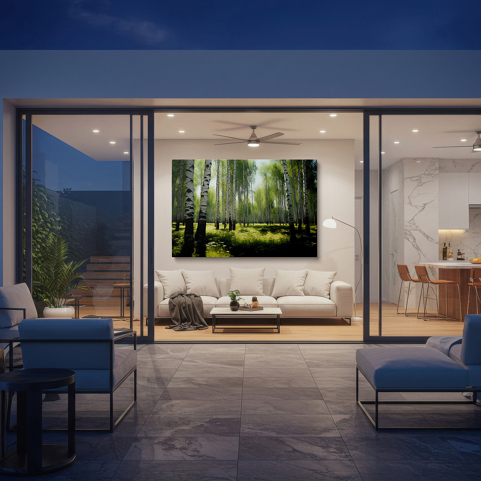 Mounted in a loft-style interior with exposed brick walls — serene birch forest - peaceful woodland escape for quiet reflection: large wall art, canvas wall art, wall decor, office wall art