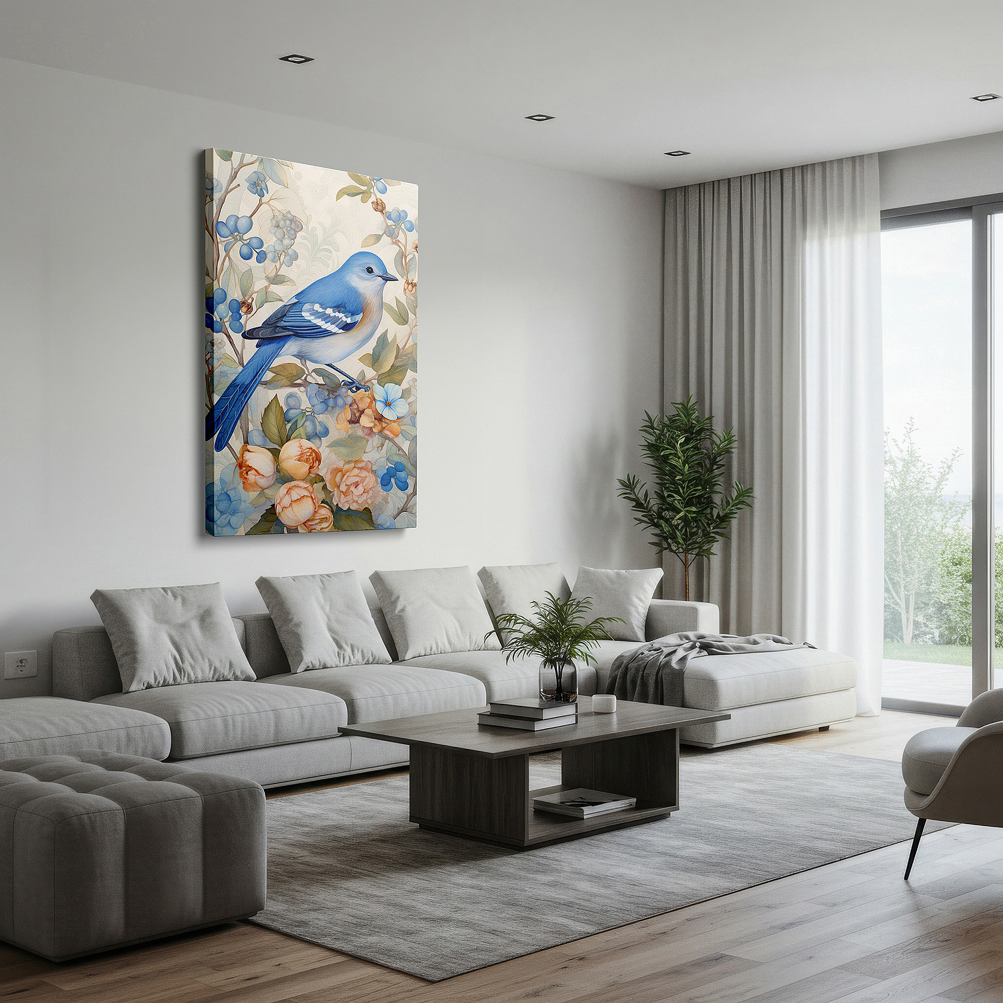Mounted in a loft-style interior with exposed brick walls — serene blue bird with soft florals and berries: tranquil nature scene large canvas wall art for office decor