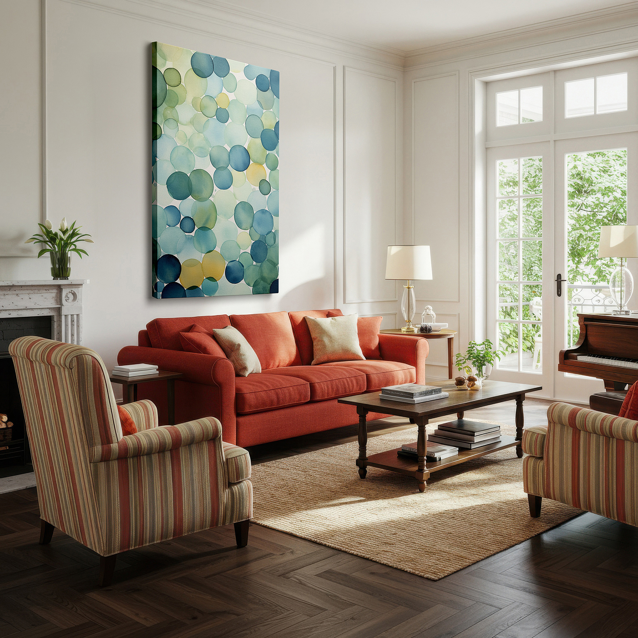 Mounted in a loft-style interior with exposed brick walls — serene bubbles in blues and greens: tranquil abstract art for harmonious spaces - large wall art, canvas wall art, wall decor for office and bedroom