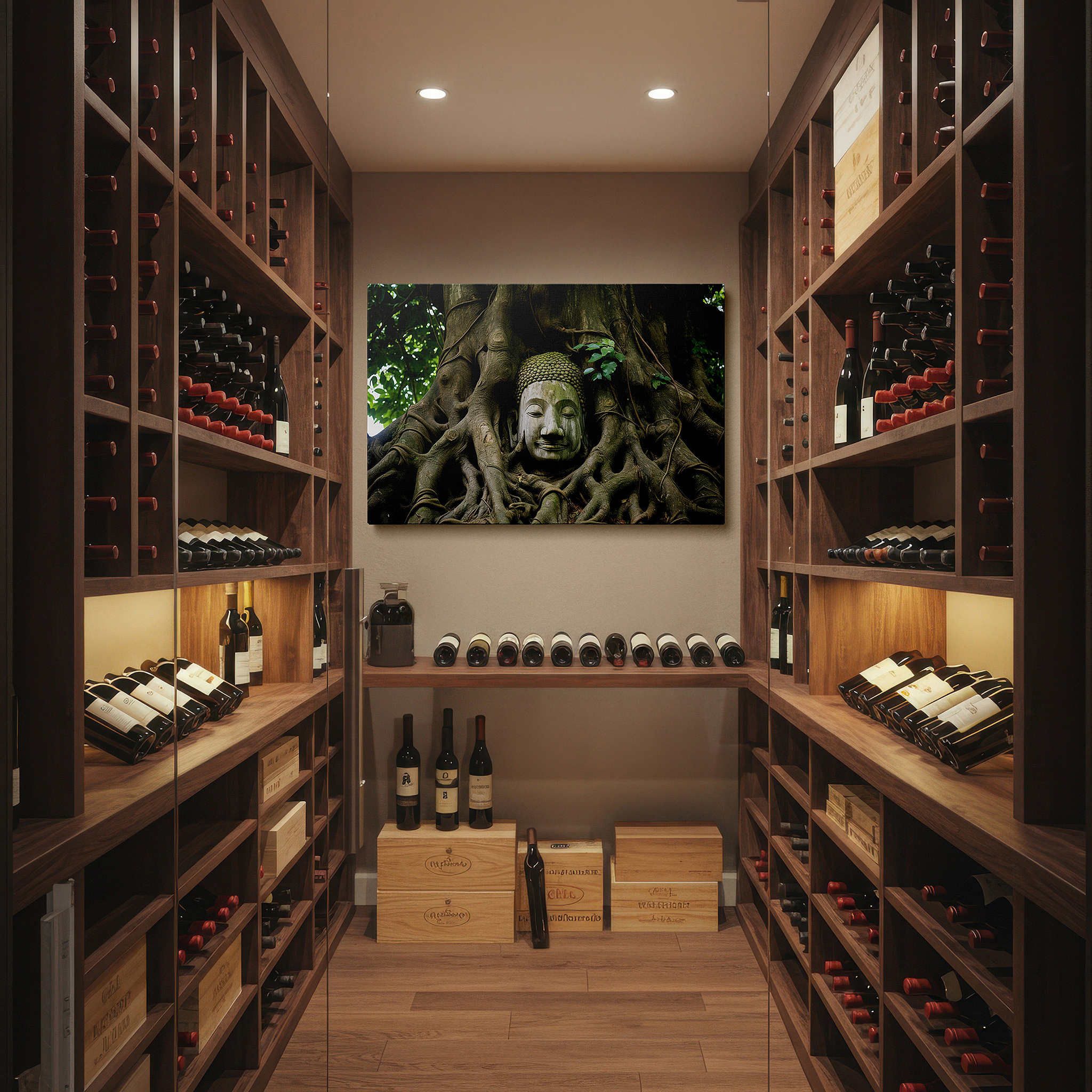 Mounted in a loft-style interior with exposed brick walls — serene buddha amidst ancient roots - tranquility and wisdom themed large wall art, canvas wall art, wall decor for office and bedroom