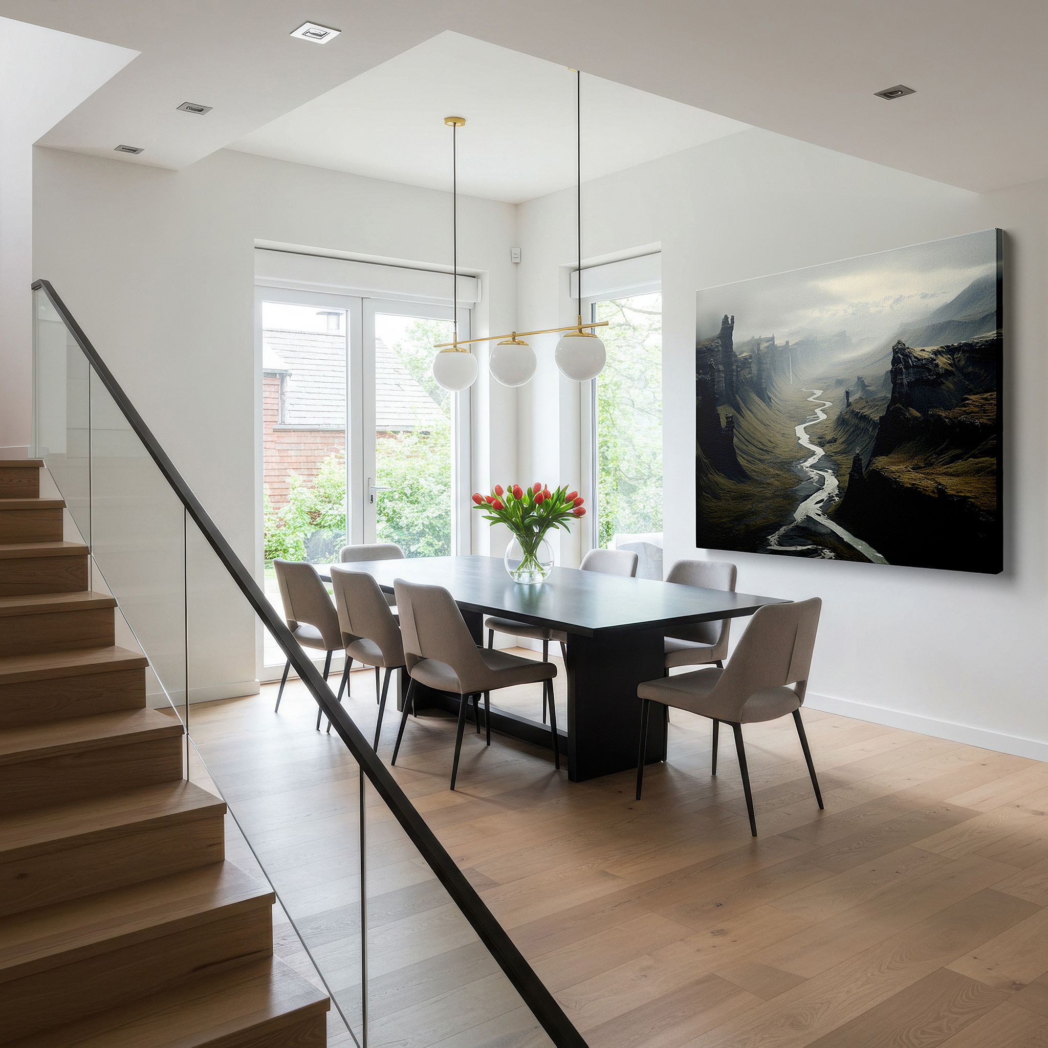 Mounted in a loft-style interior with exposed brick walls — serene canyon landscape with majestic river and towering rocks - large canvas wall art for office, bedroom, and living room decor