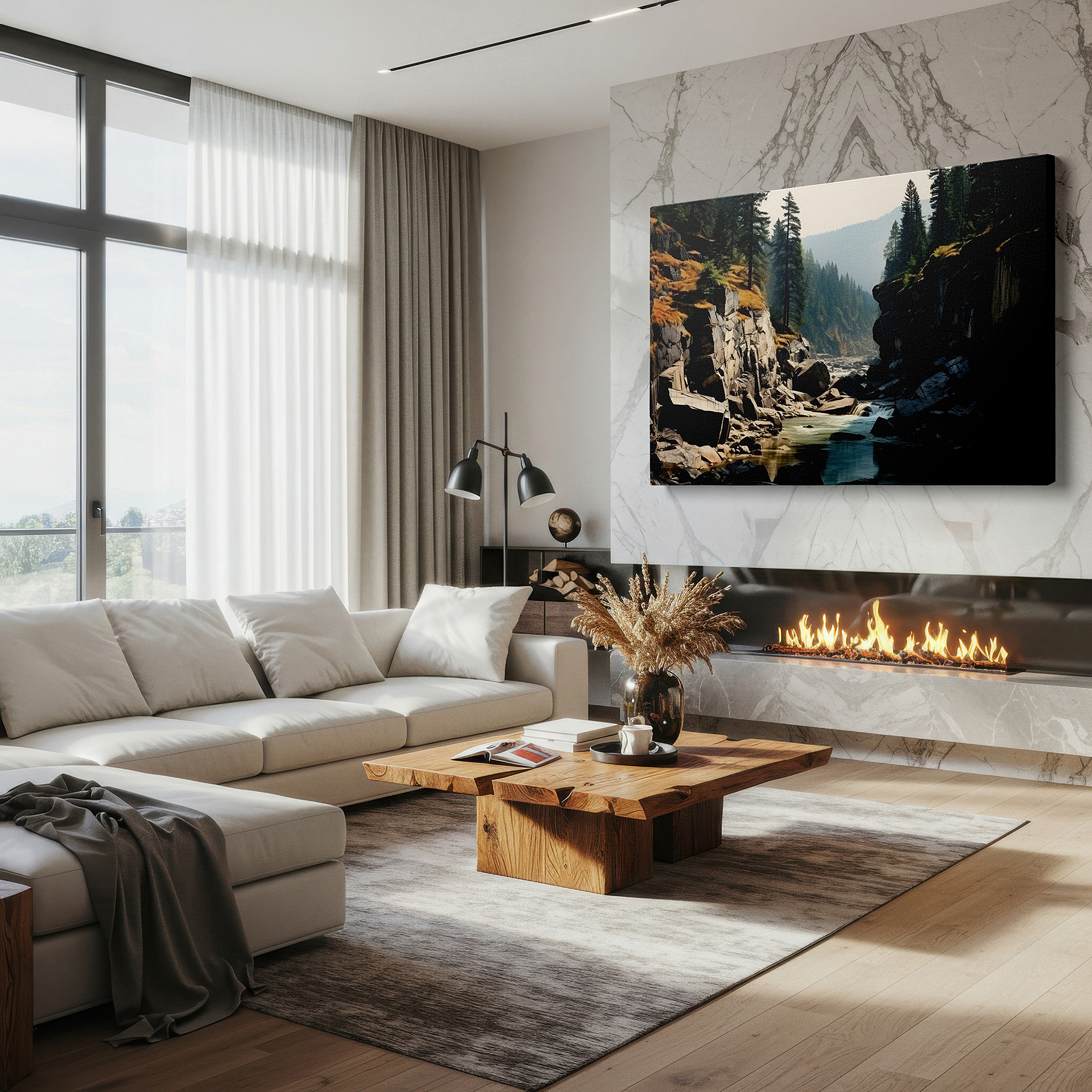 Mounted in a loft-style interior with exposed brick walls — serene canyon and river landscape large canvas wall art for office and bedroom decor