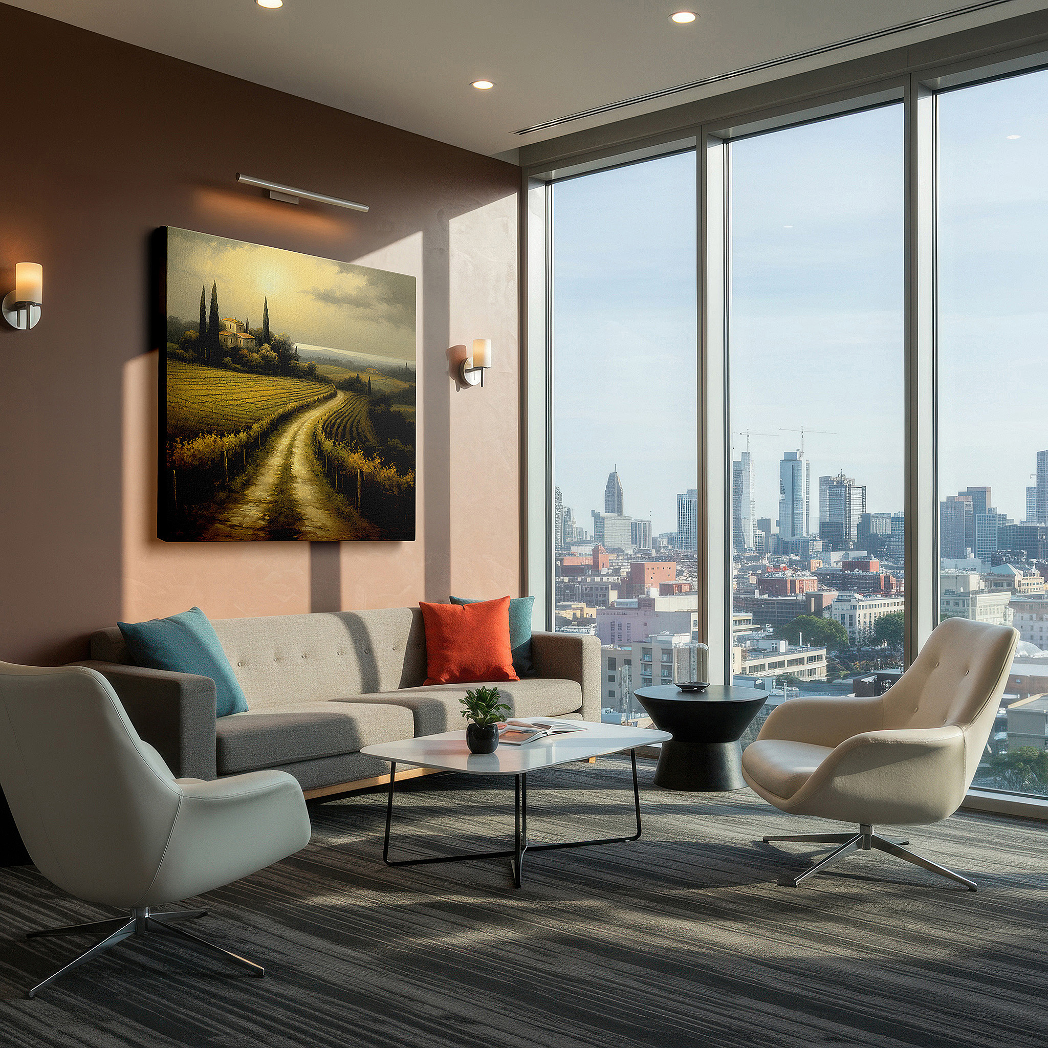 Mounted in a loft-style interior with exposed brick walls — serene country road canvas wall art: vibrant vineyards under golden sunlight - ideal for office, bedroom, and home decor
