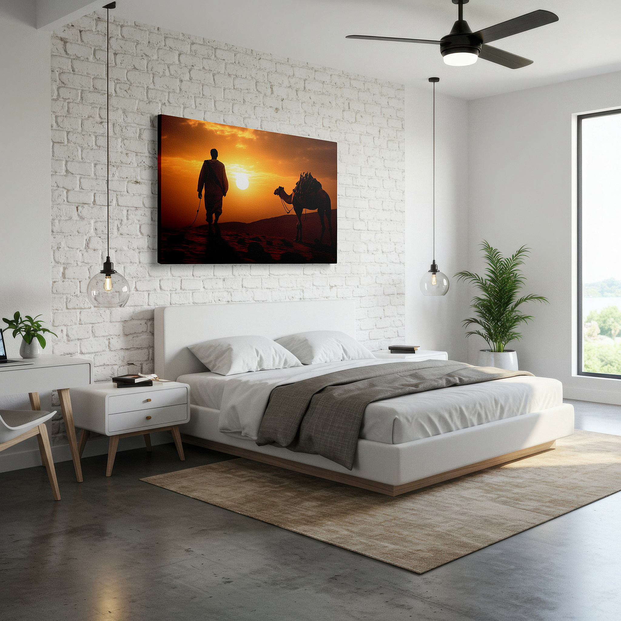 Mounted in a loft-style interior with exposed brick walls — serene desert voyage featuring a man and camel at sunset - oversized canvas wall art for office, bedroom, and living room decor