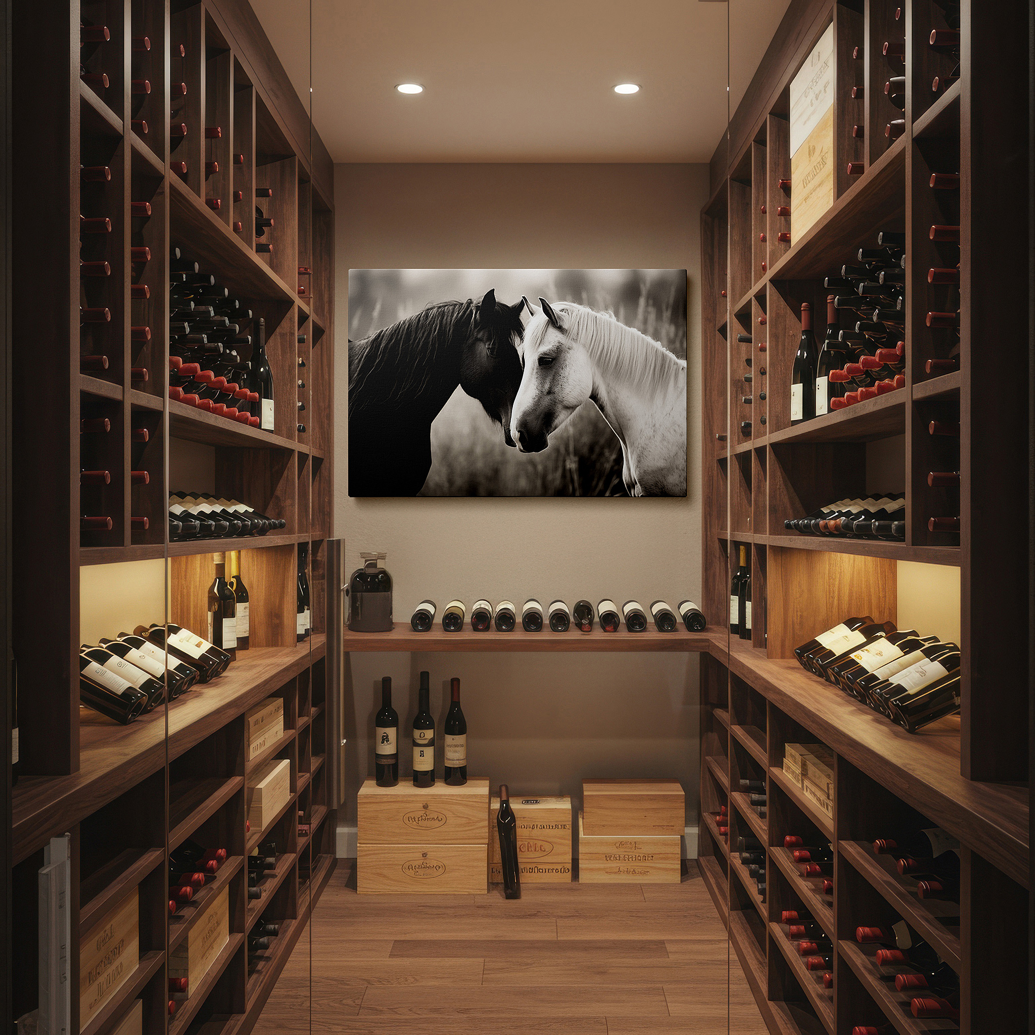 Mounted in a loft-style interior with exposed brick walls — serene embrace: two horses symbolizing friendship and peace - large canvas wall art for home and office decor