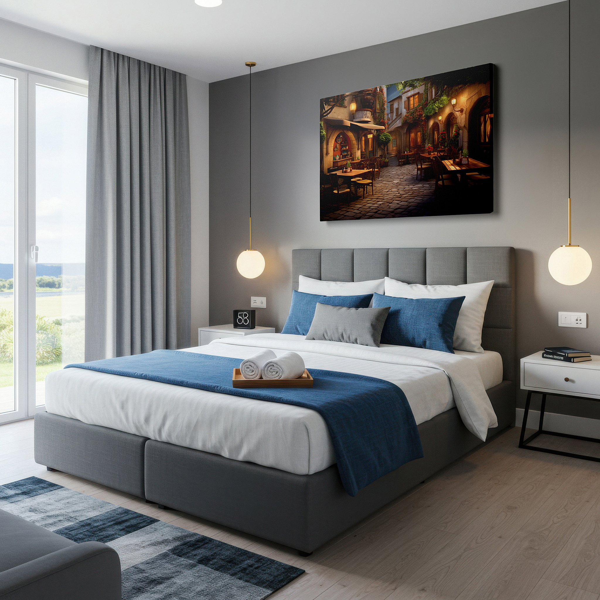 Mounted in a loft-style interior with exposed brick walls — serene evening in a quaint village: dusk light and cobblestone whispers large canvas wall art for home and office decor