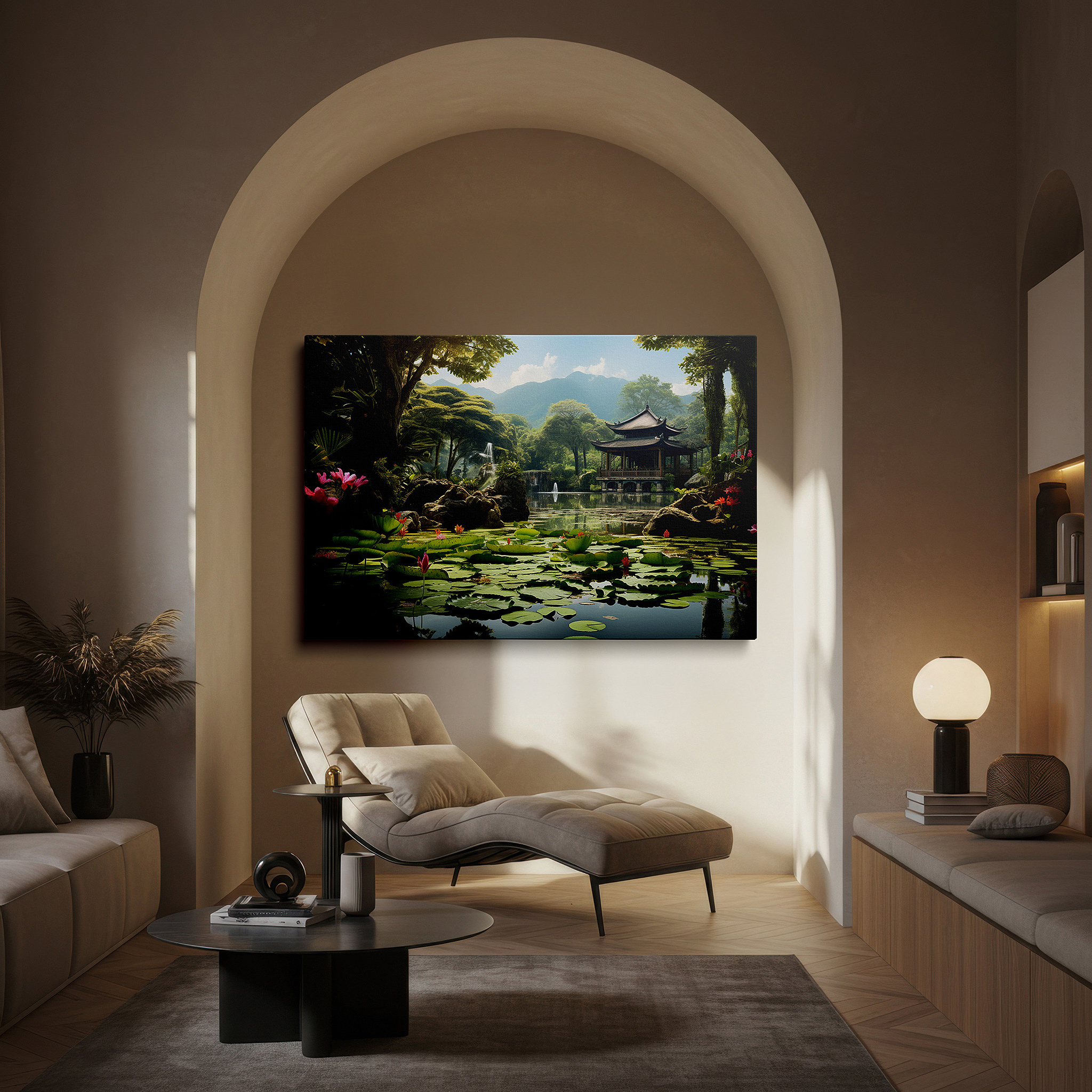 Mounted in a loft-style interior with exposed brick walls — serene garden retreat featuring a reflective pond and classic pavilion: large wall art, canvas wall art, wall decor for office and bedroom