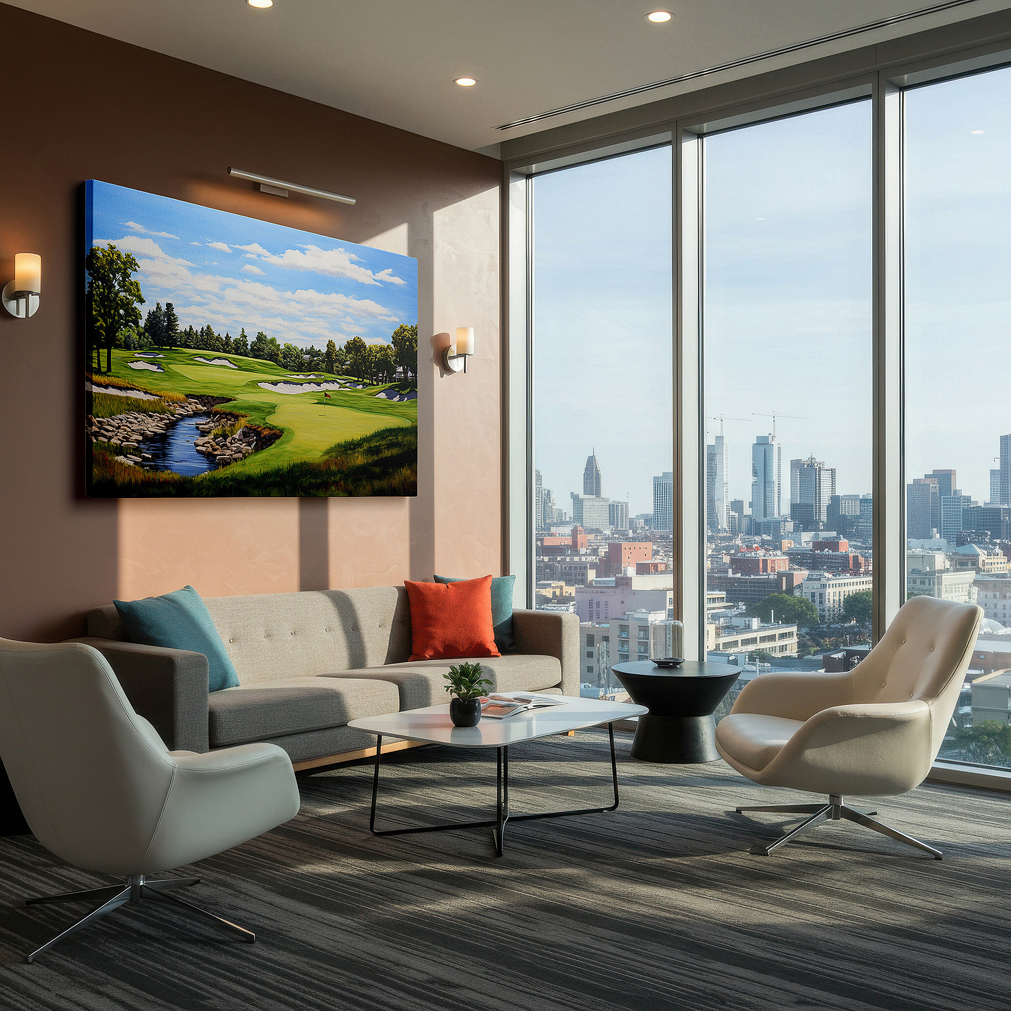 Mounted in a loft-style interior with exposed brick walls — serene golf course oasis wall art featuring lush greens and calm blue skies, perfect for office, bedroom, and living room decor