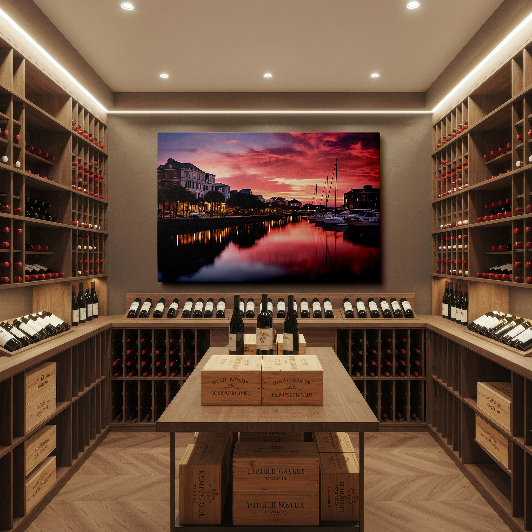 Mounted in a loft-style interior with exposed brick walls — serene harbor sunset wall art featuring vibrant skies and calm waters - perfect for home or office decor, large canvas print
