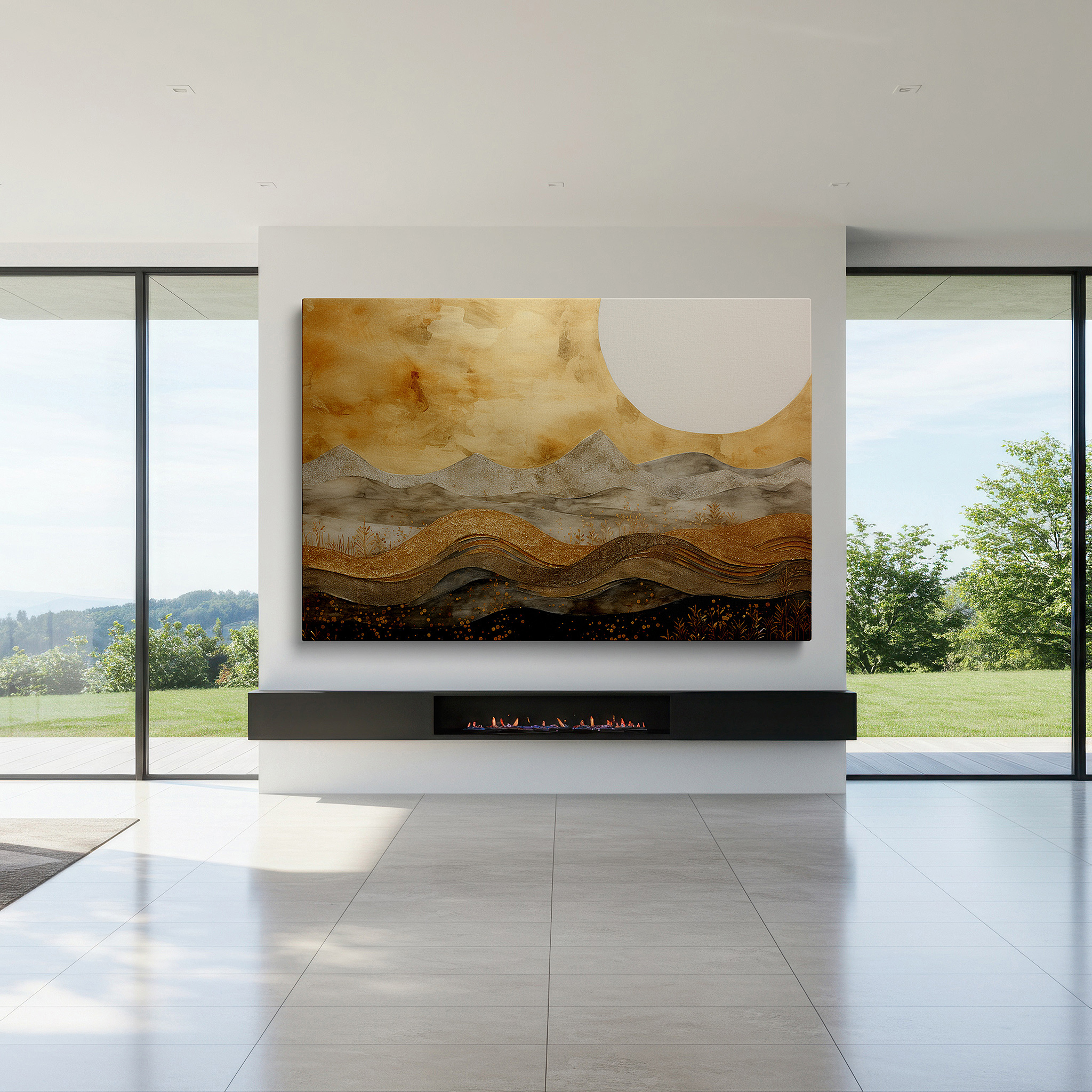 Mounted in a loft-style interior with exposed brick walls — serene hills and valleys in warm gold tones, tranquil abstract landscape large wall art, canvas wall art, wall decor for office and bedroom