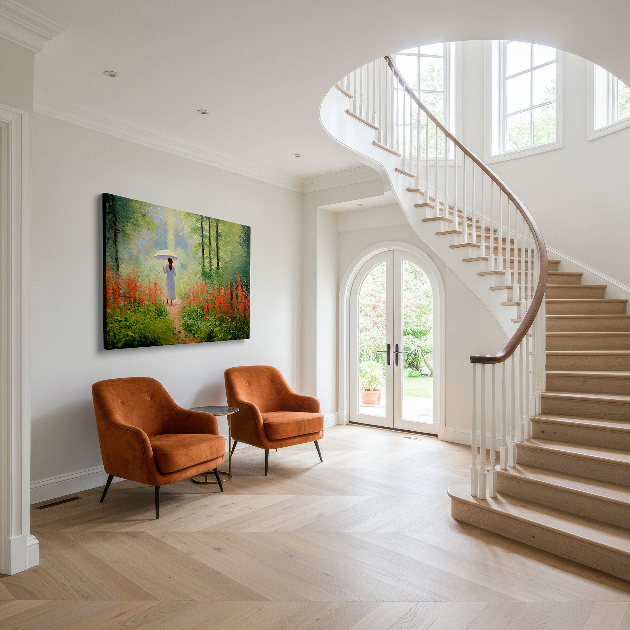 Mounted in a loft-style interior with exposed brick walls — serene impressionist artwork featuring a lone woman on a floral path - large canvas wall art for home and office decor