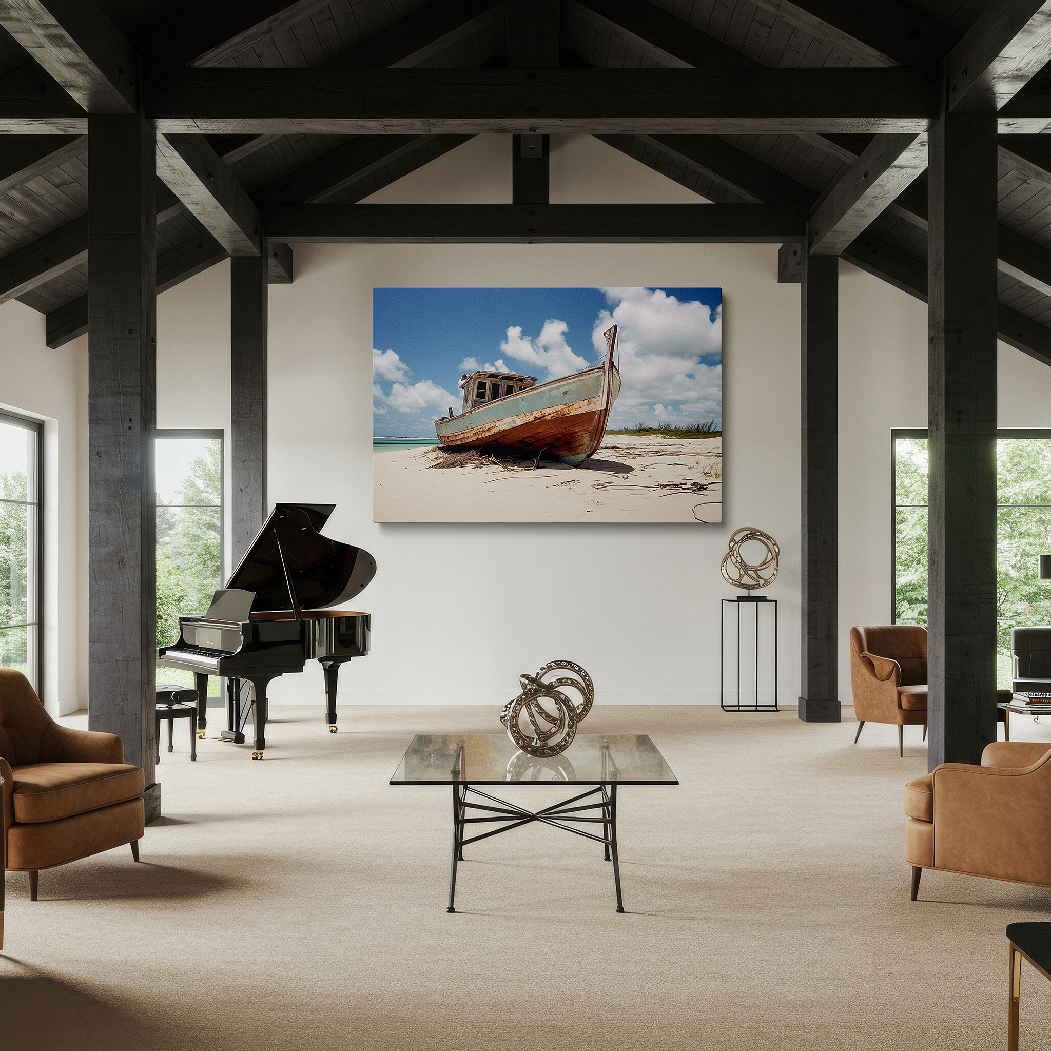 Mounted in a loft-style interior with exposed brick walls — serene neglect - nature's peaceful embrace of an old fishing boat large wall art, canvas wall art, wall decor for office and bedroom