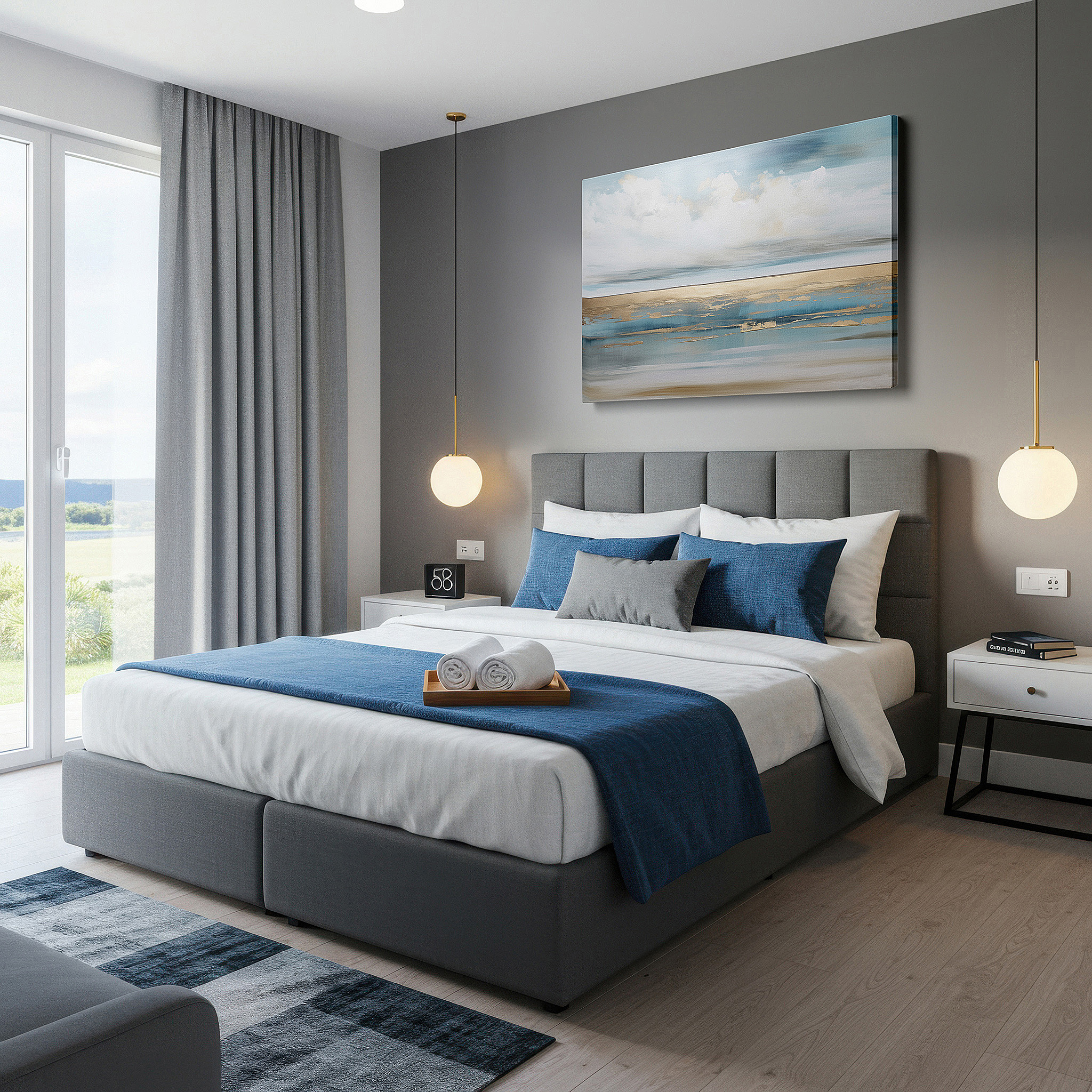 Mounted in a loft-style interior with exposed brick walls — serene seascape canvas art in blues and greens with golden sunlight reflections, ideal for office and bedroom wall decor