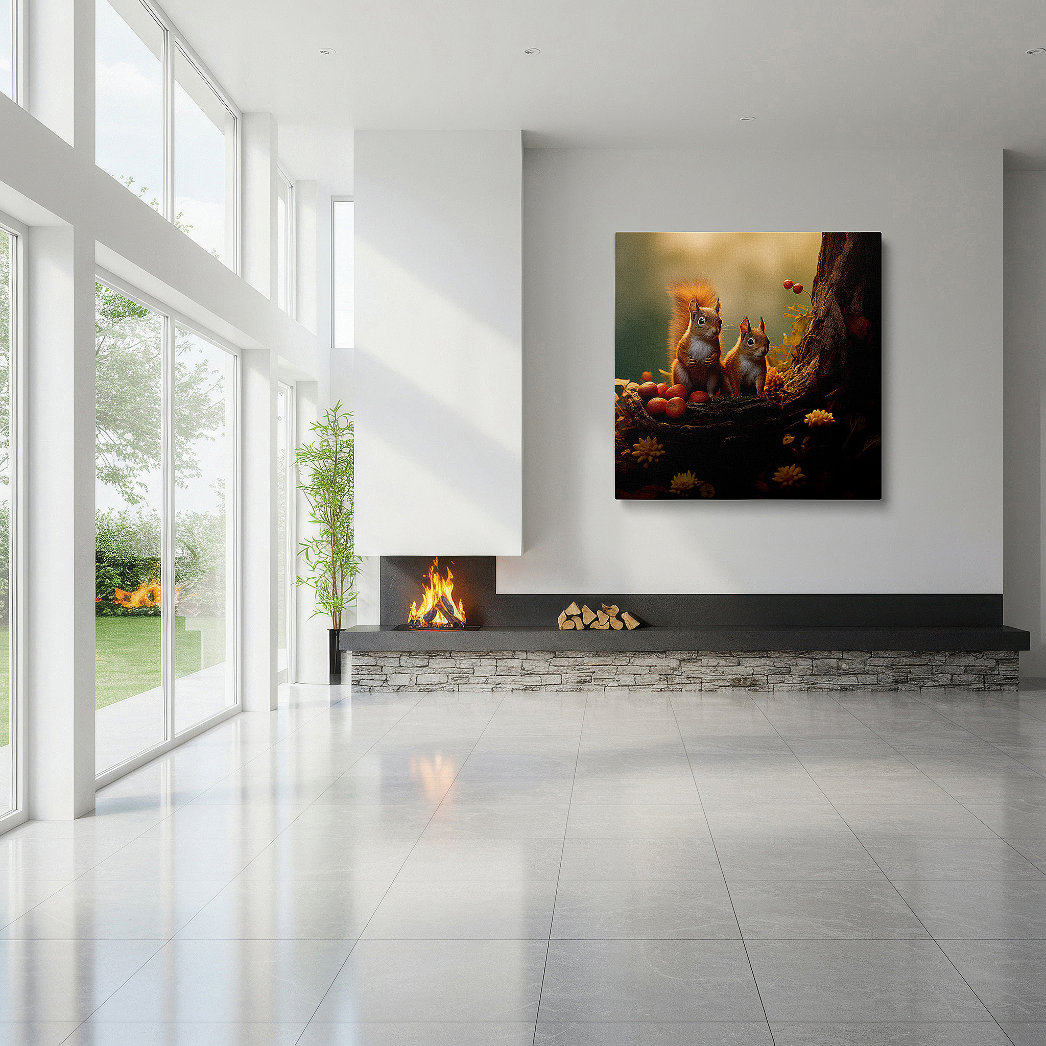 Mounted in a loft-style interior with exposed brick walls — serene squirrels in autumn splendor: celebrating wildlife and companionship - large canvas wall art for office decor