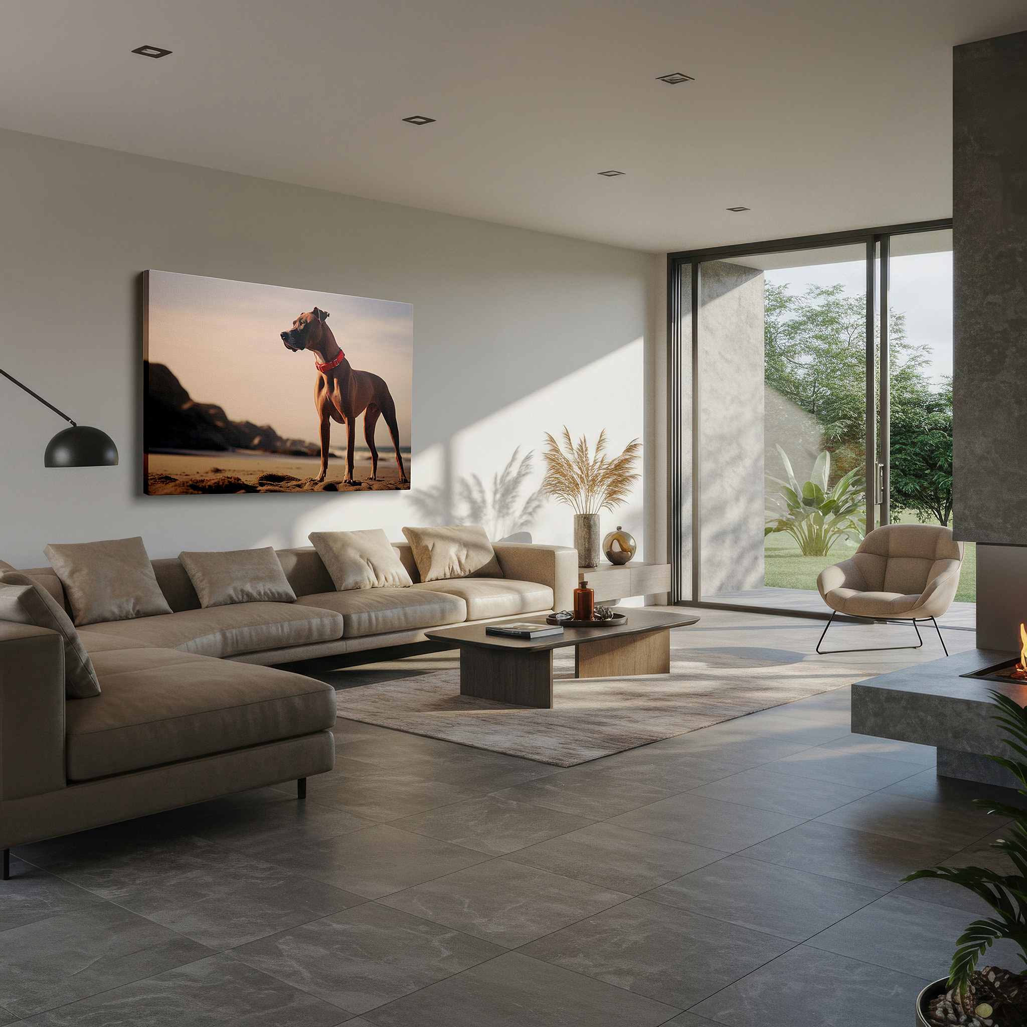 Mounted in a loft-style interior with exposed brick walls — serene sunset and faithful dog overlooking the ocean - large canvas wall art for office and bedroom decor