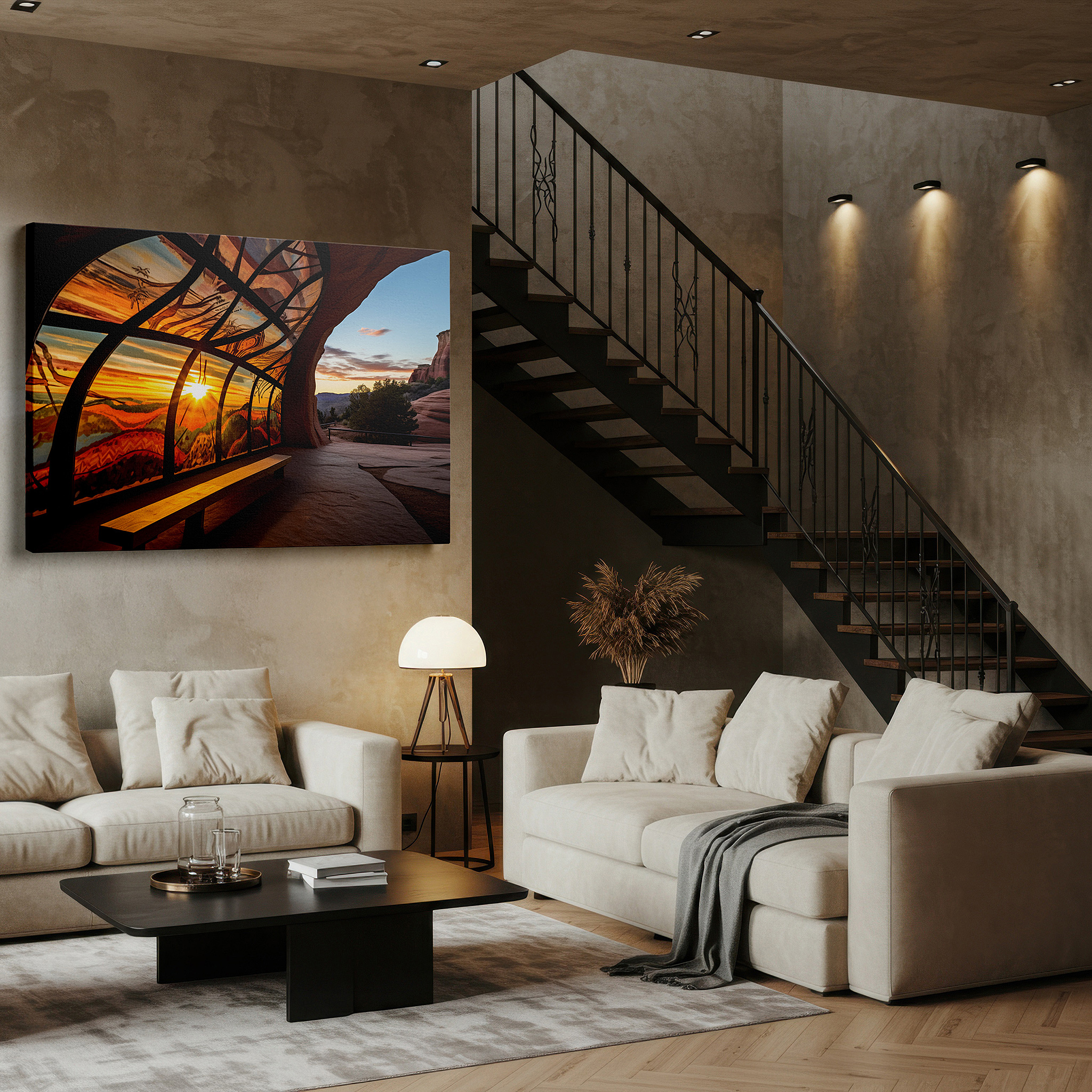 Mounted in a loft-style interior with exposed brick walls — serene sunset viewed through a creative window: a perfect fusion of natural beauty and artistic design, large canvas wall art for home and office decor