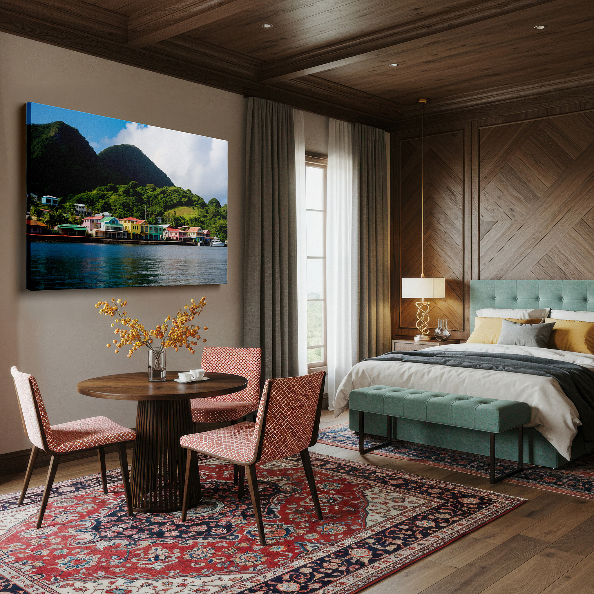 Mounted in a loft-style interior with exposed brick walls — serene waterfront homes with lush mountain views: large wall art, canvas wall art, wall decor for office