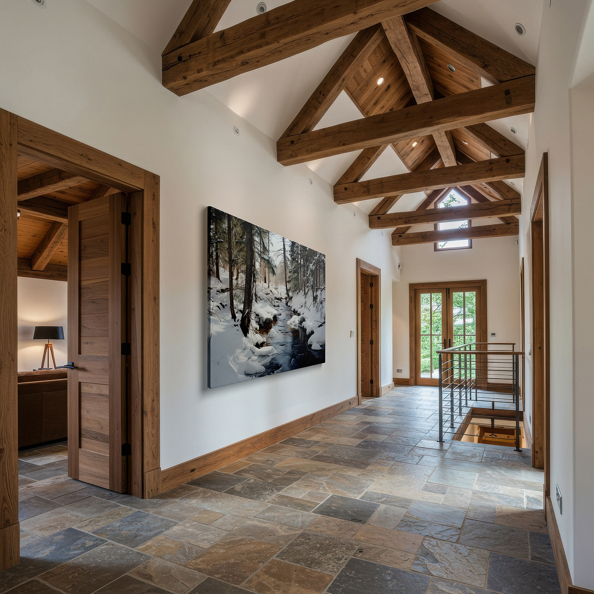 Mounted in a loft-style interior with exposed brick walls — serene winter creek amidst snowy trees large wall art, canvas wall art, wall decor for office, bedroom, and living room