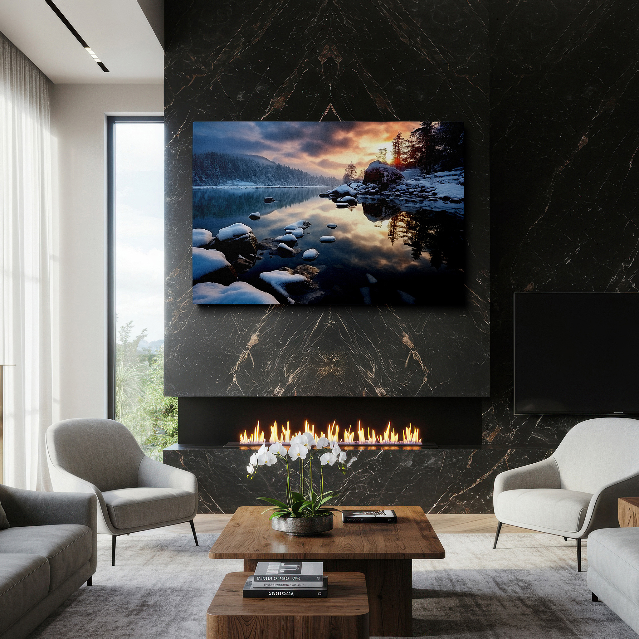Mounted in a loft-style interior with exposed brick walls — serene winter scene with sunset glow and snow-capped river stones - large canvas wall art for office and bedroom decor