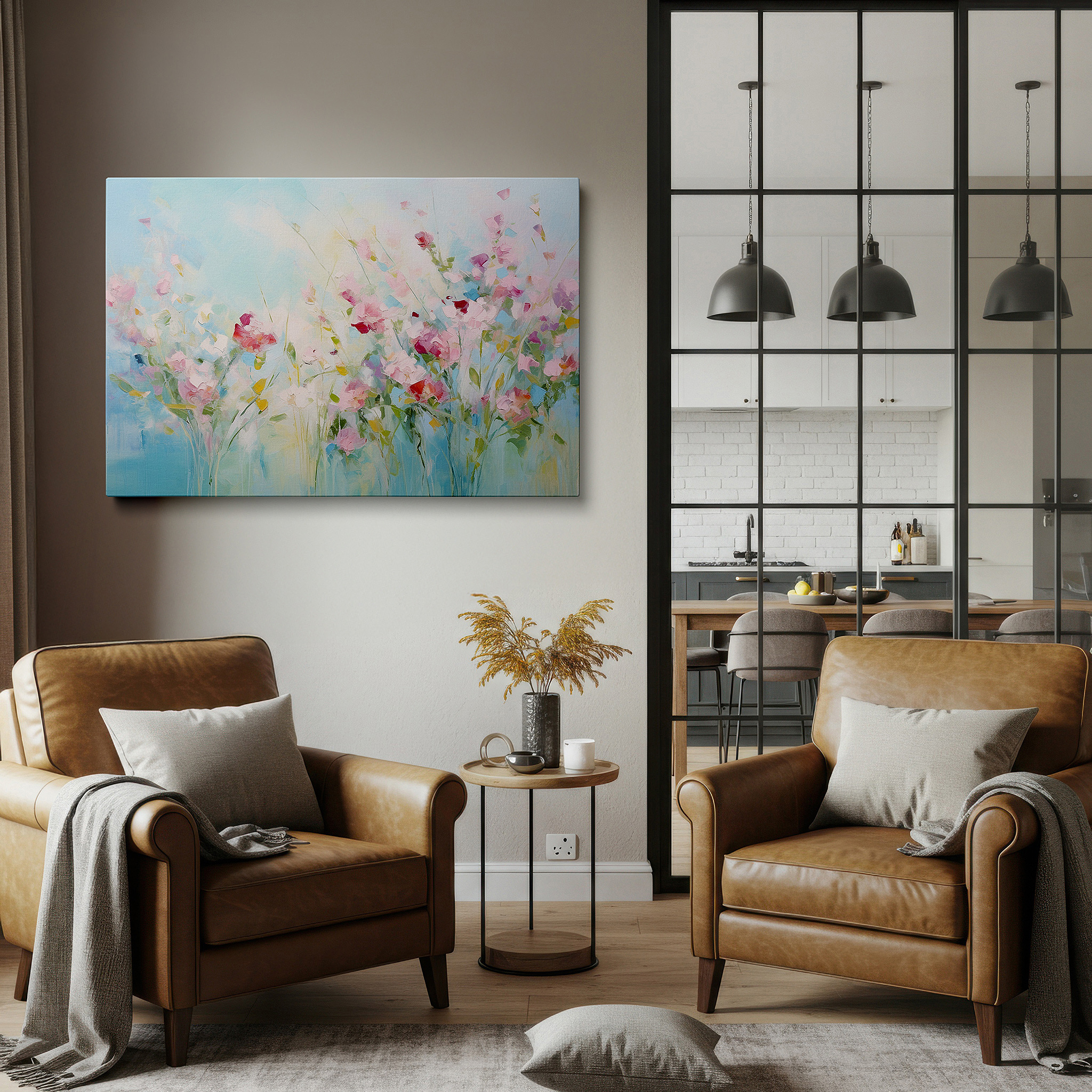 Mounted in a loft-style interior with exposed brick walls — soft pastel ethereal floral symphony, tranquil centerpiece for serene spaces, large canvas wall art decor for offices