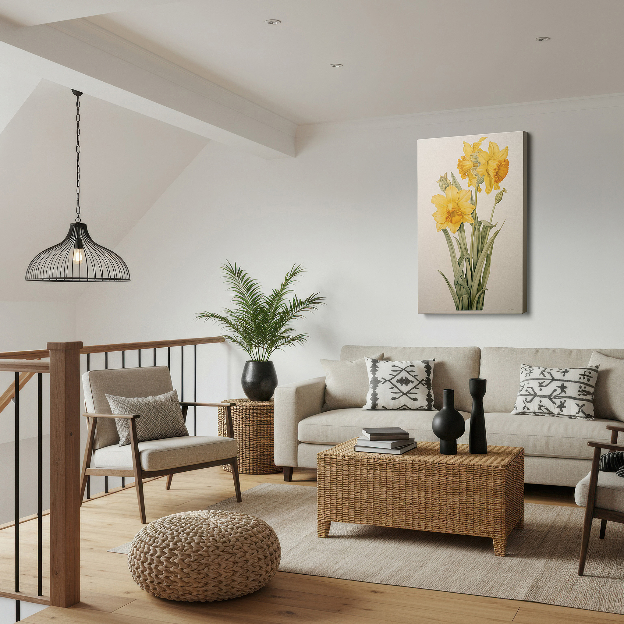 Mounted in a loft-style interior with exposed brick walls — spring daffodils in full bloom against verdant greenery, representing rebirth and happiness - large wall art, canvas print, home and office decor, bedroom wall art