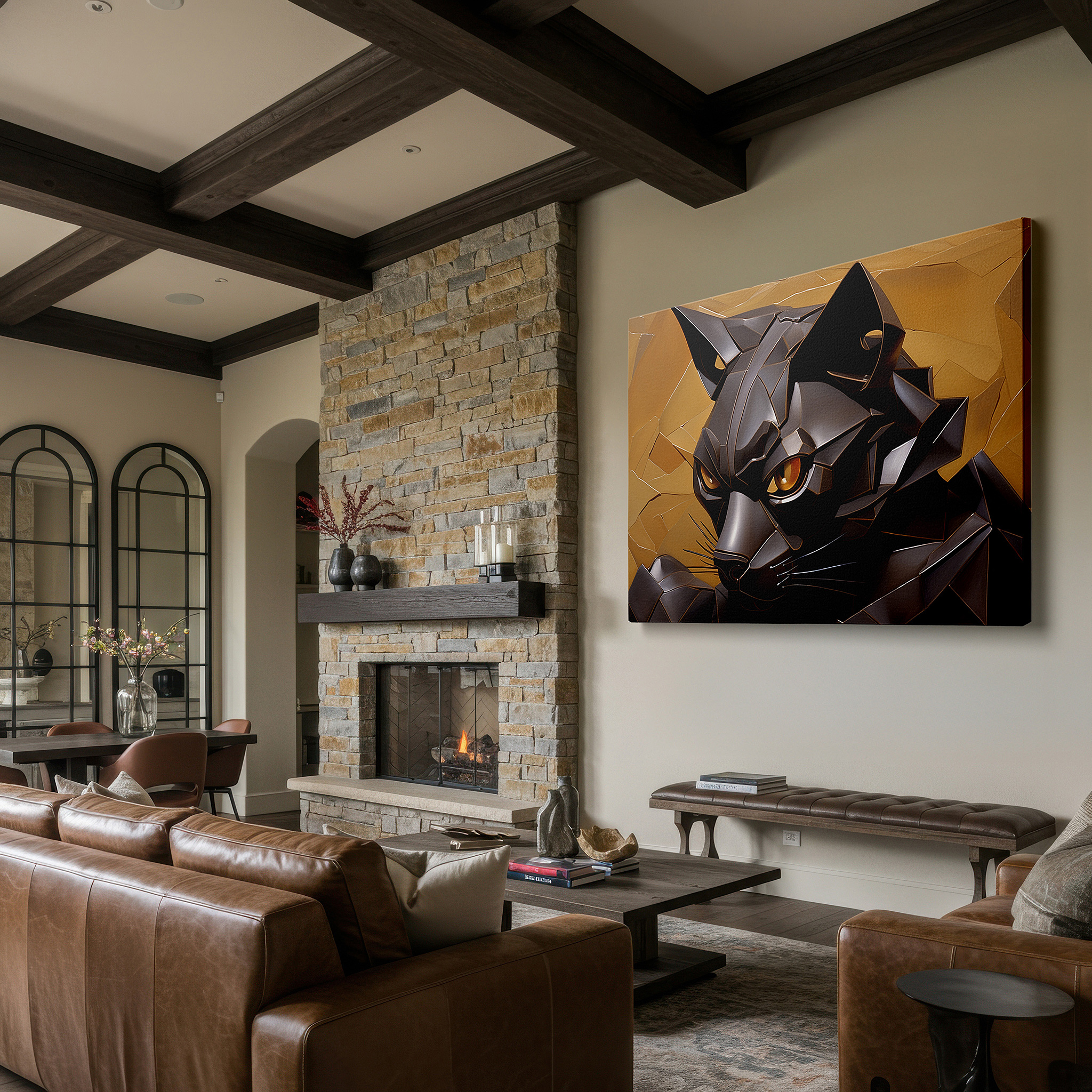 Mounted in a loft-style interior with exposed brick walls — stunning large black cat sculpture wall art with bold geometric patterns and golden eyes, perfect for office or bedroom decor
