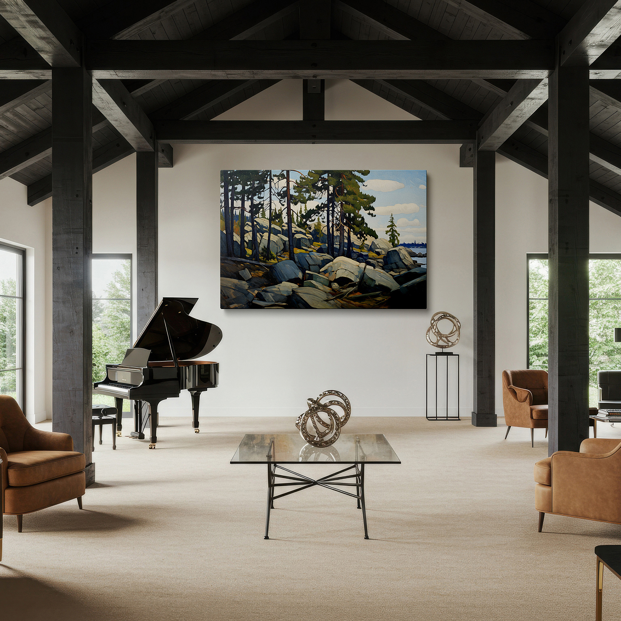 Mounted in a loft-style interior with exposed brick walls — sunlit pines and granite boulders by a peaceful waterway large wall art, canvas wall art, wall decor for office, bedroom, and living room