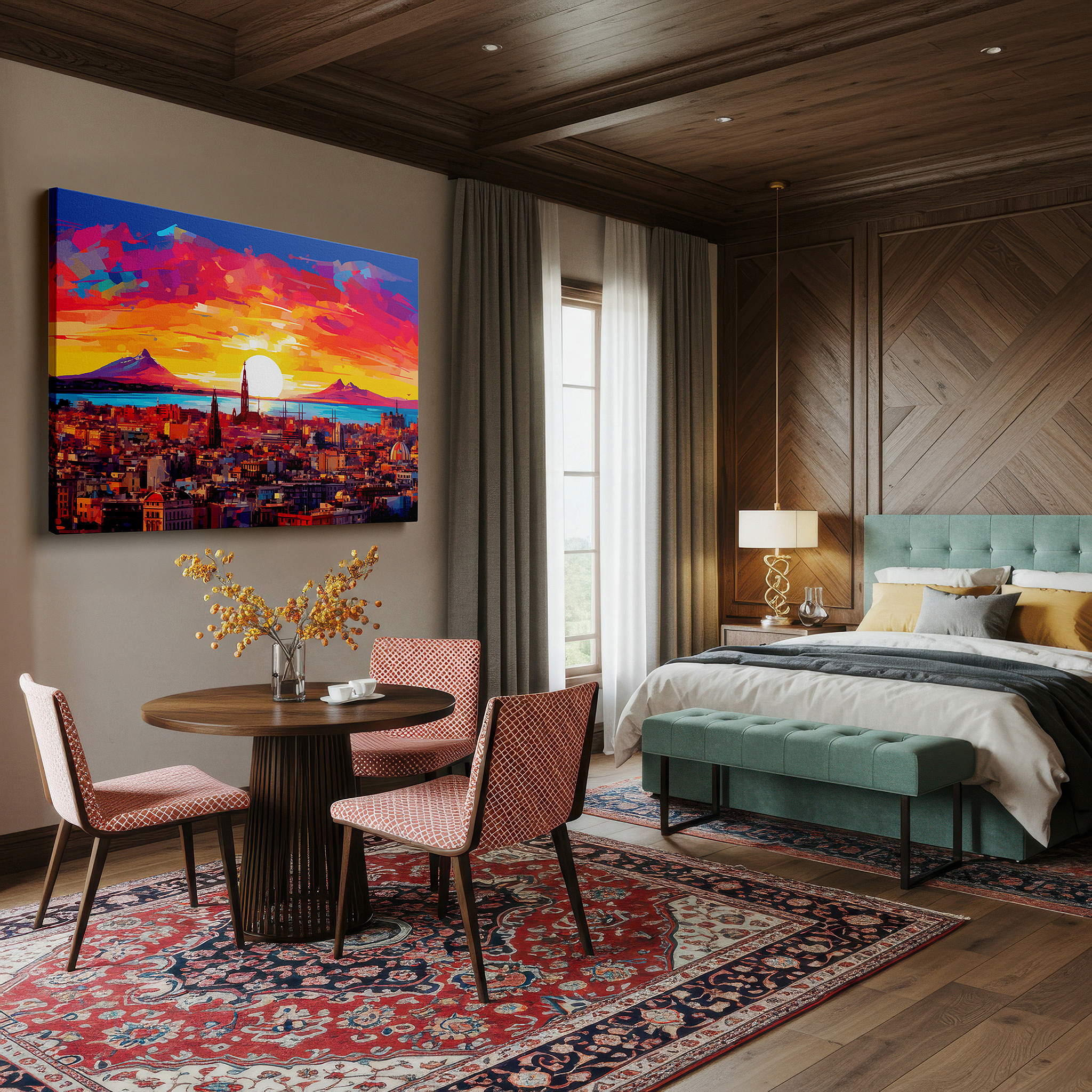 Mounted in a loft-style interior with exposed brick walls — sunset and cityscape against majestic mountains - a perfect fusion of natural and urban vibes large wall art, canvas wall art, wall decor for office