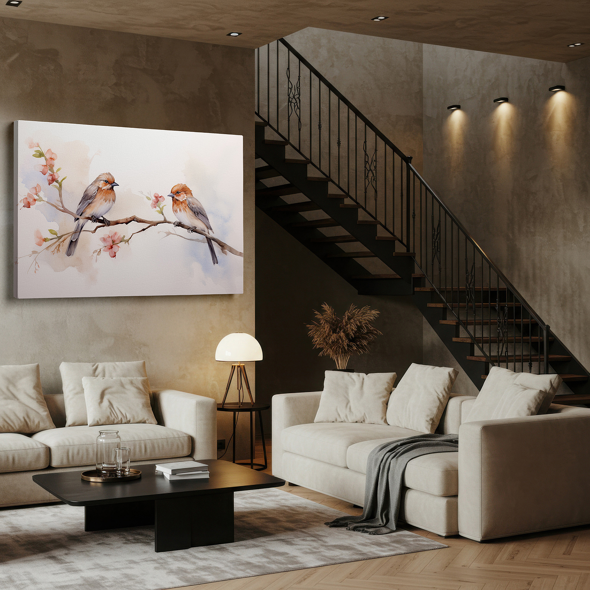 Mounted in a loft-style interior with exposed brick walls — tender birds perched on flowering branches, representing love and connection - large wall art, canvas wall art, wall decor for office and bedroom
