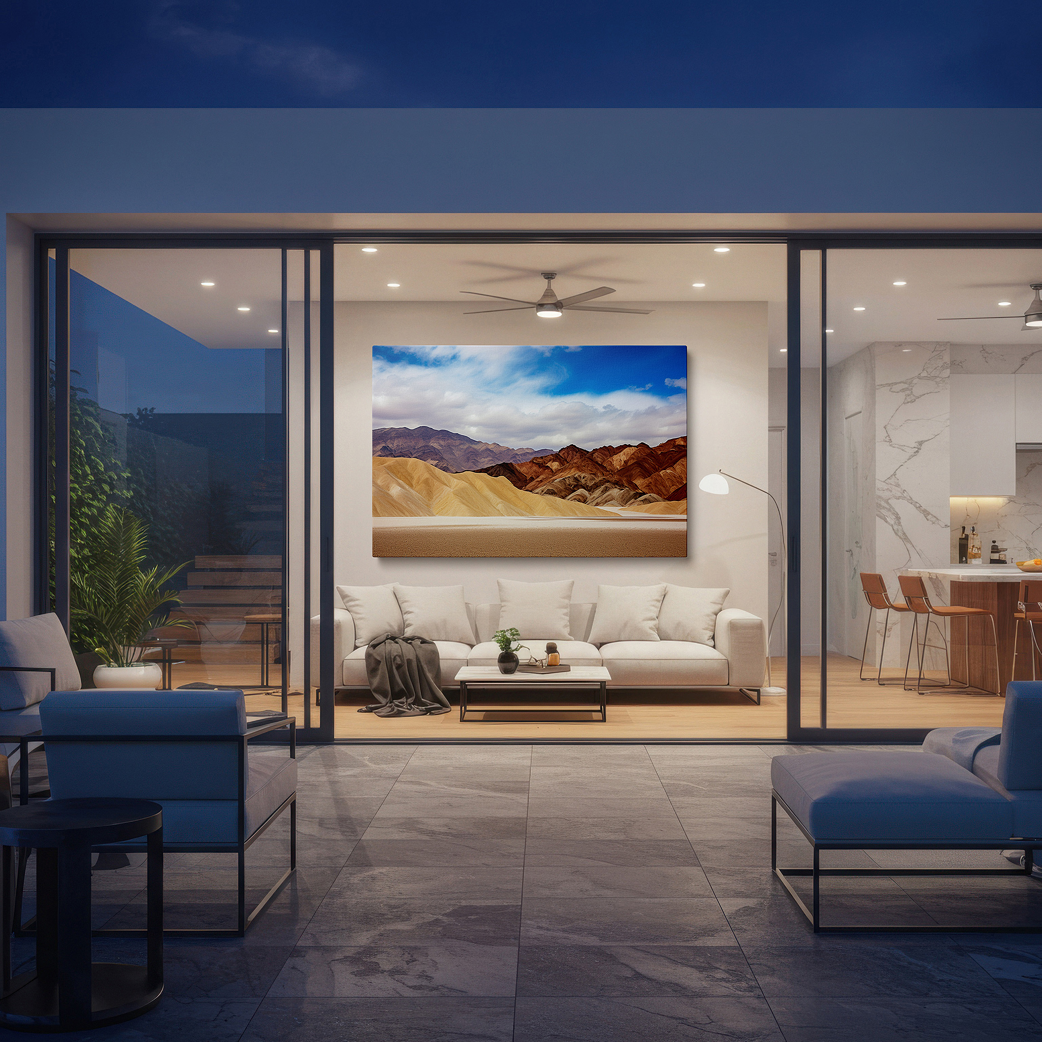 Mounted in a loft-style interior with exposed brick walls — tranquil desert mountains large canvas wall art, ethereal landscape office decor